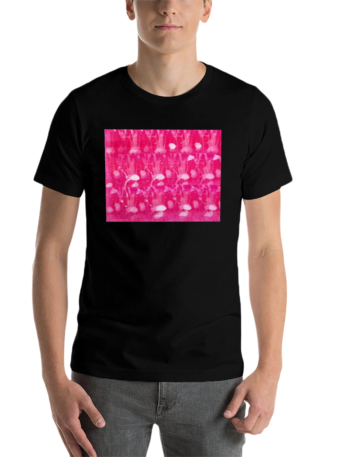 Black Abstract Pink and White Pattern Black T-Shirt view 7