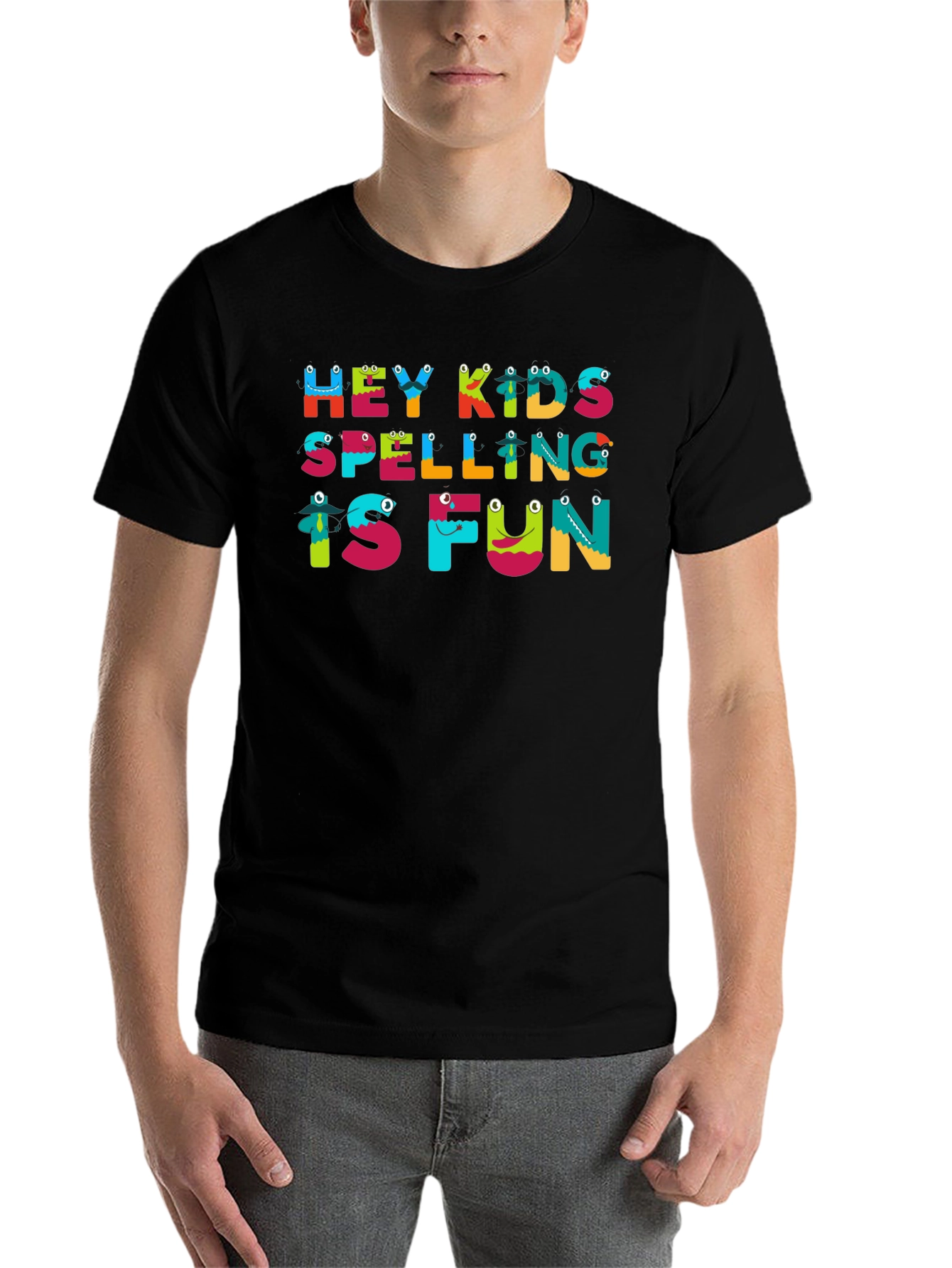 Black Hey Kids Spelling is Fun Black T-Shirt view 7