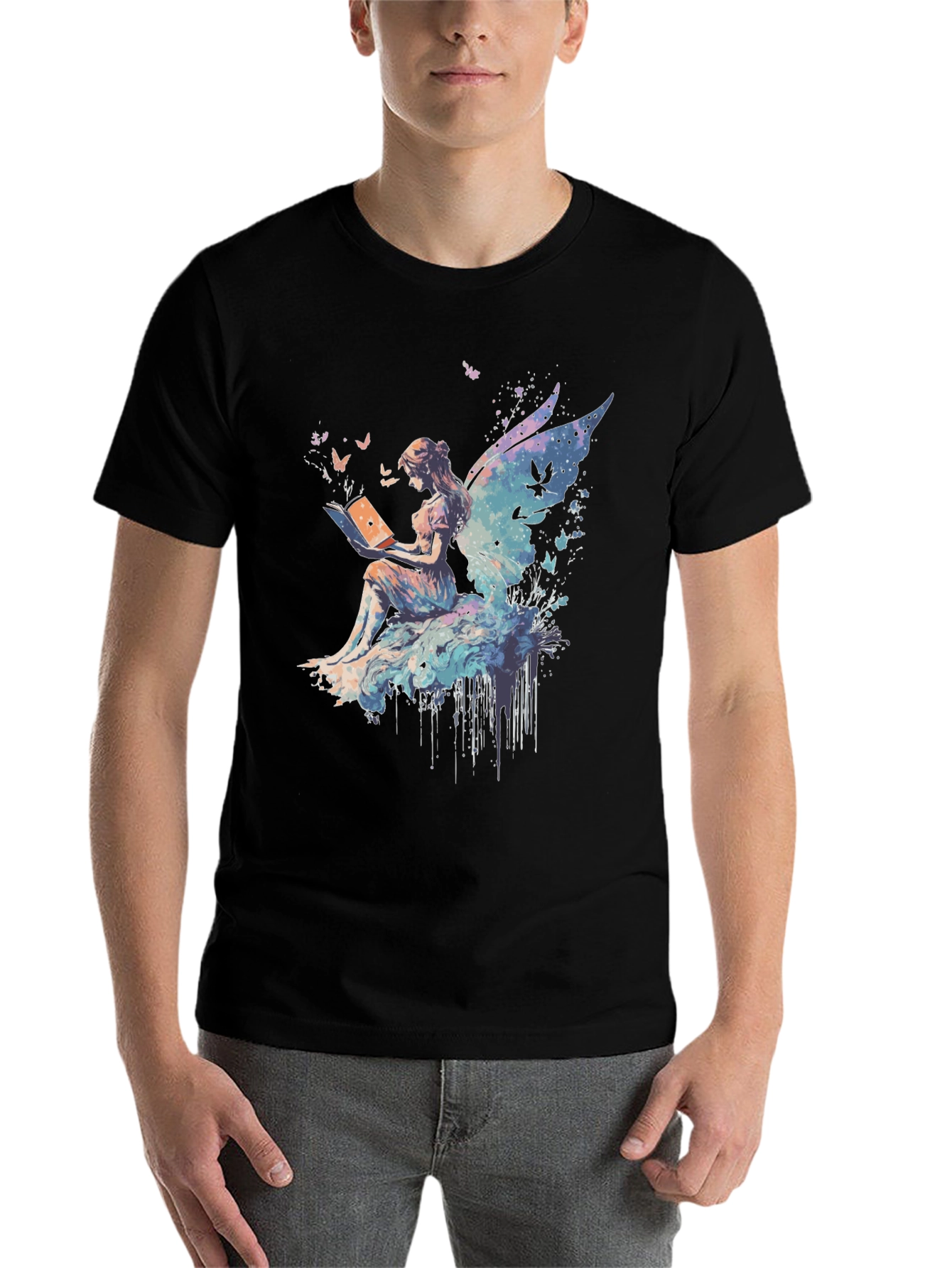 Black Whimsical Fairy Reading Book Graphic T-Shirt view 7