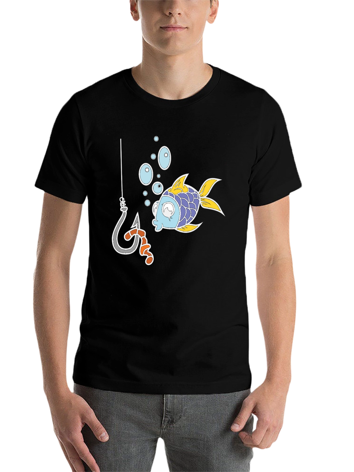 Black Funny Fish Hook Cartoon Graphic Tee view 7