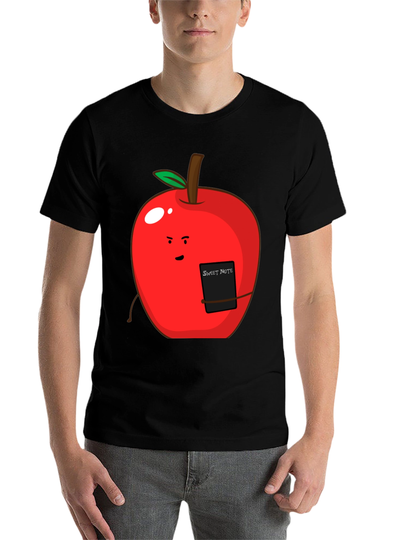 Black Sweet Note Apple Graphic Tee - Novelty Fruit Shirt view 7
