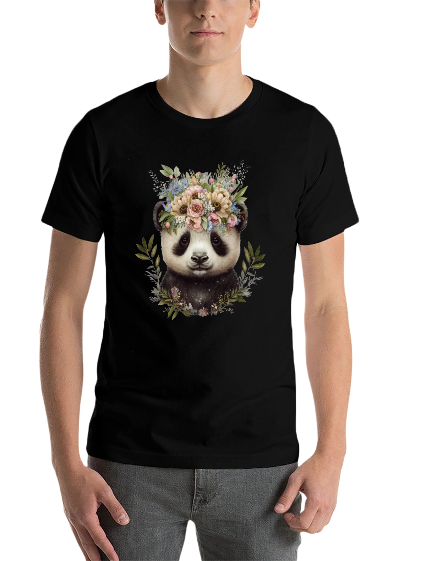 Black Panda Floral Wreath Tee - Unique Graphic Print T-Shirt view 7