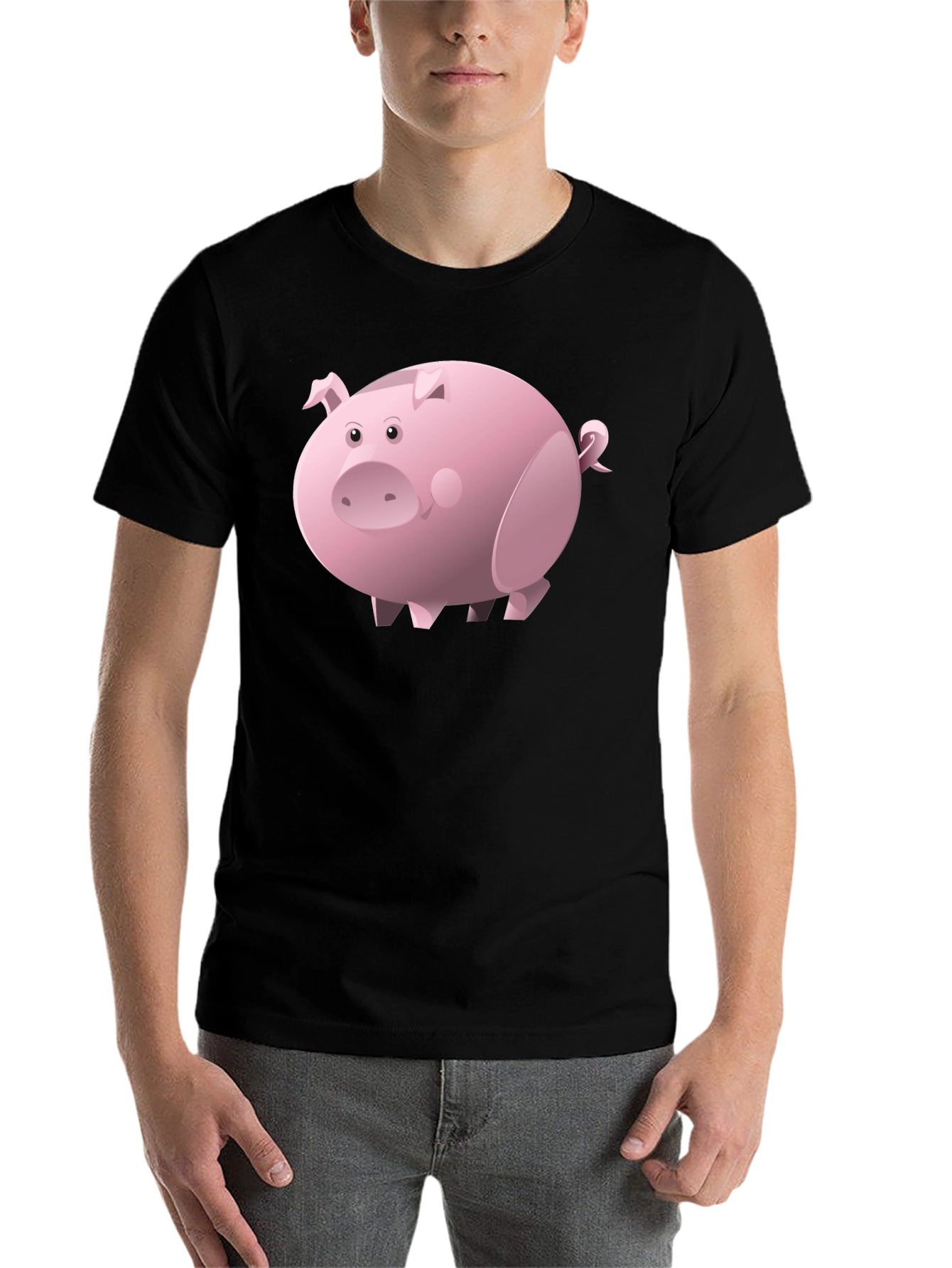 Black Cartoon Pig Black T-Shirt | Unisex view 7