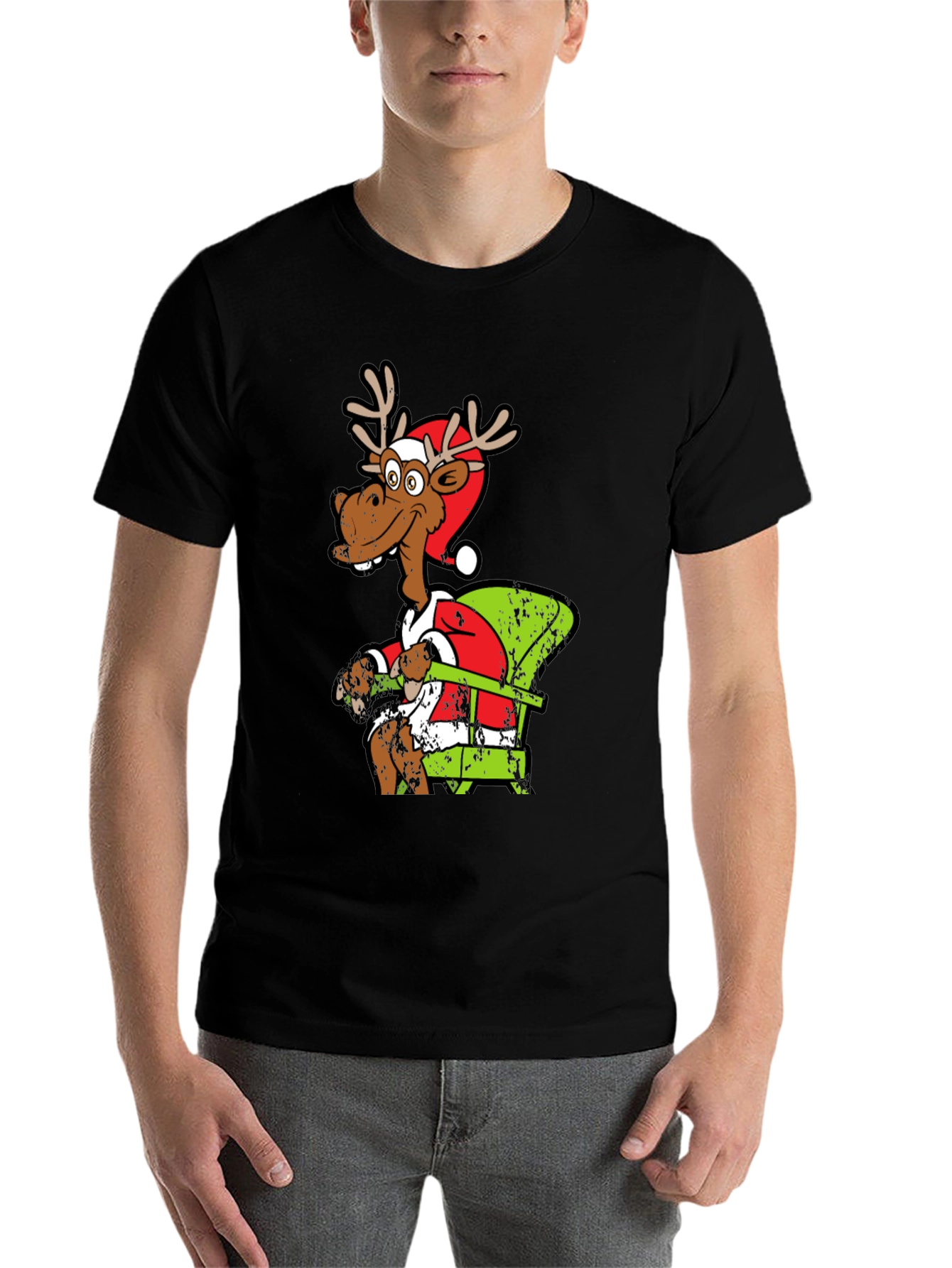 Black Funny Reindeer Santa T-Shirt view 7