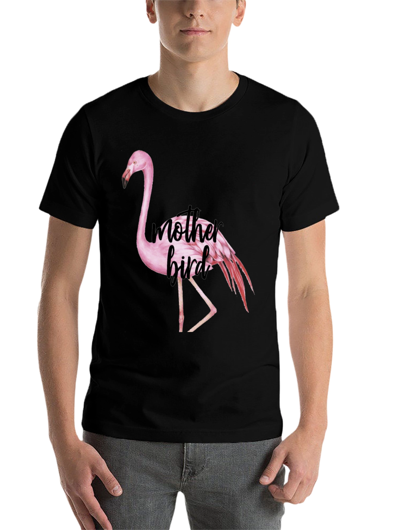 Black Mother Bird Flamingo Graphic Tee - Black Cotton Blend view 7