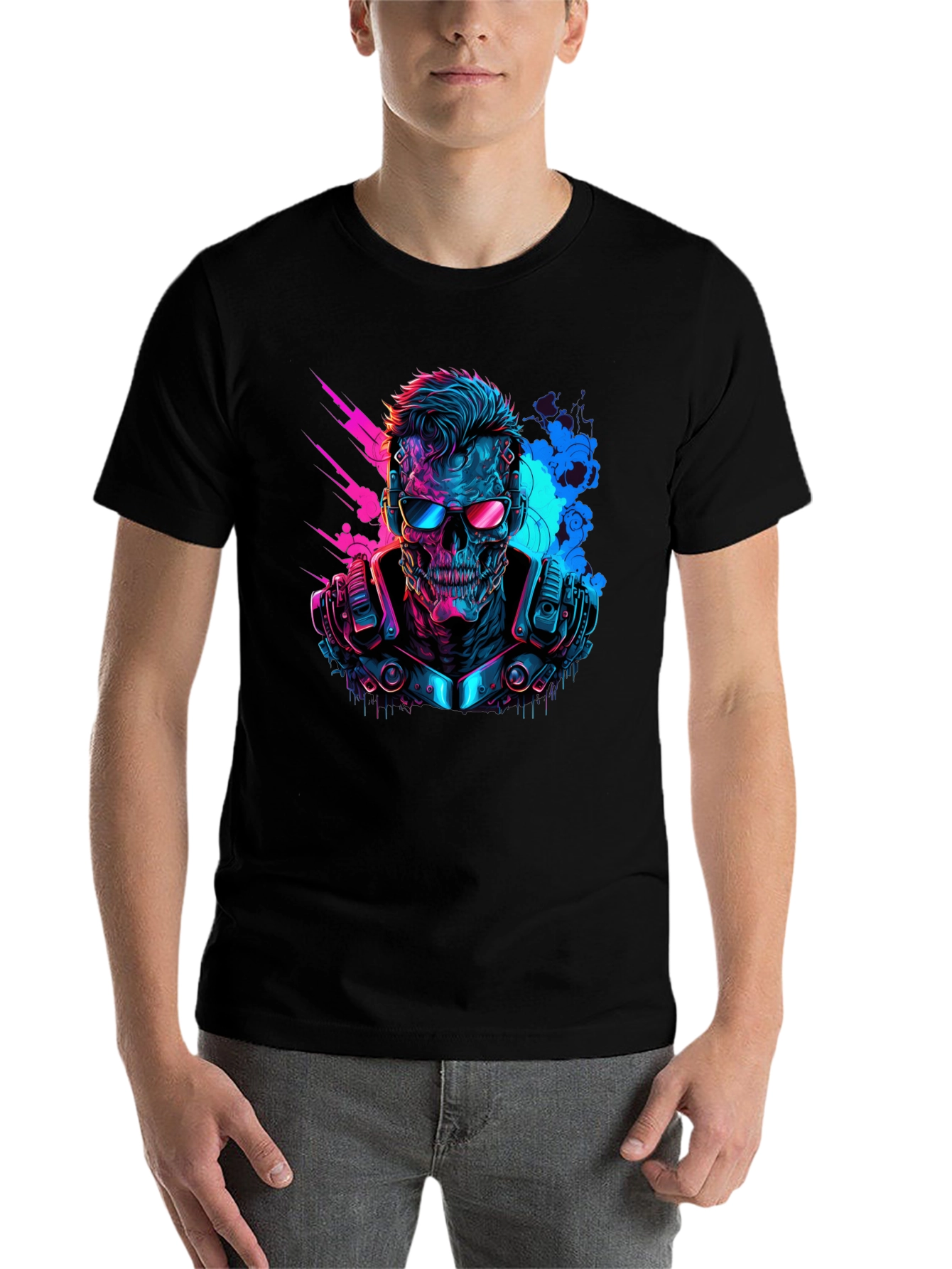 Black Cyberpunk Skull T-Shirt - Neon Techwear view 7