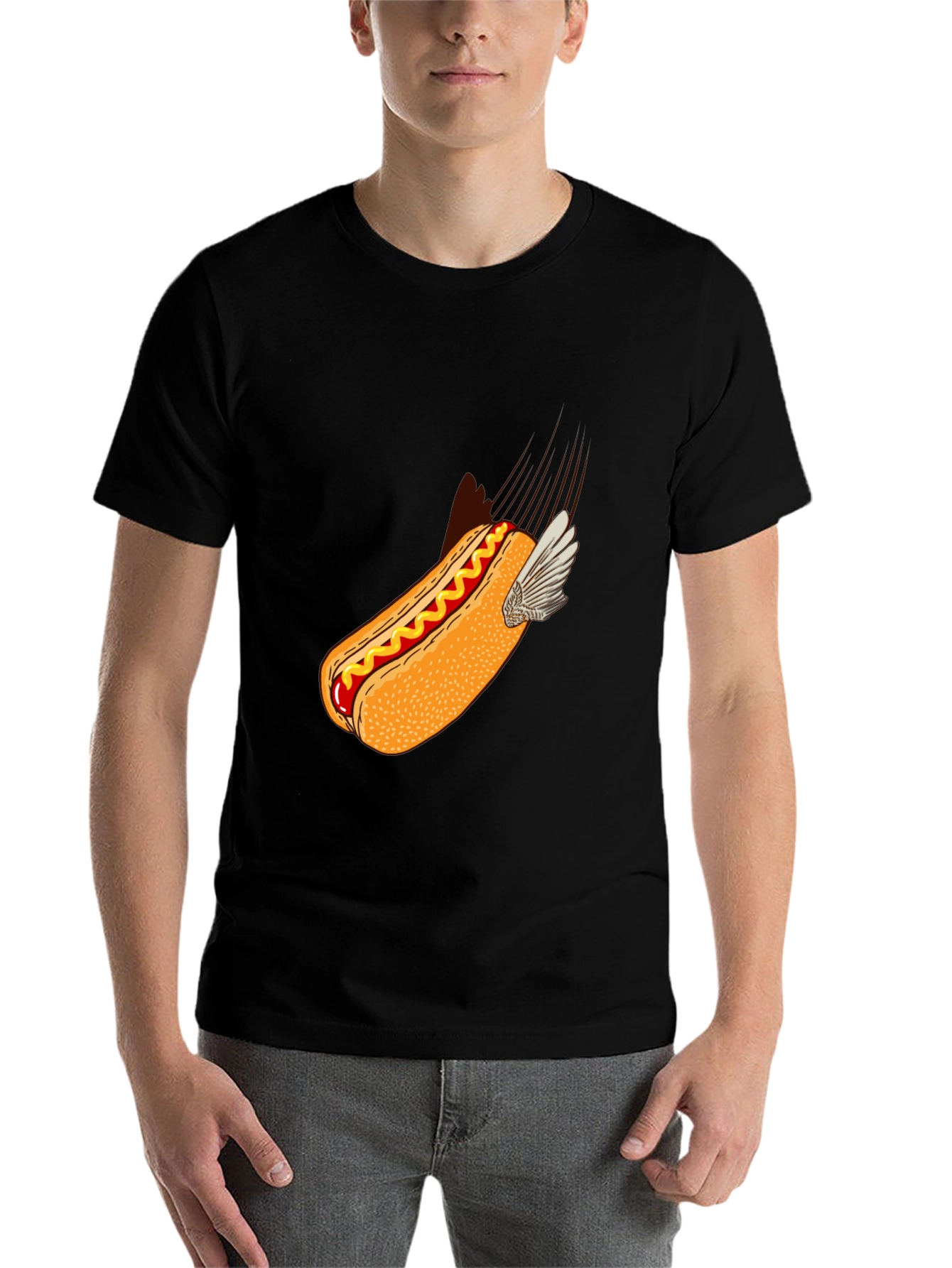 Black Flying Hot Dog Graphic T-Shirt - Novelty Food Tee view 7
