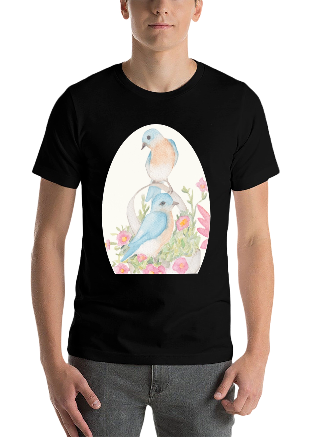Black Bluebird Floral Graphic Tee - Nature Lover's Shirt view 7