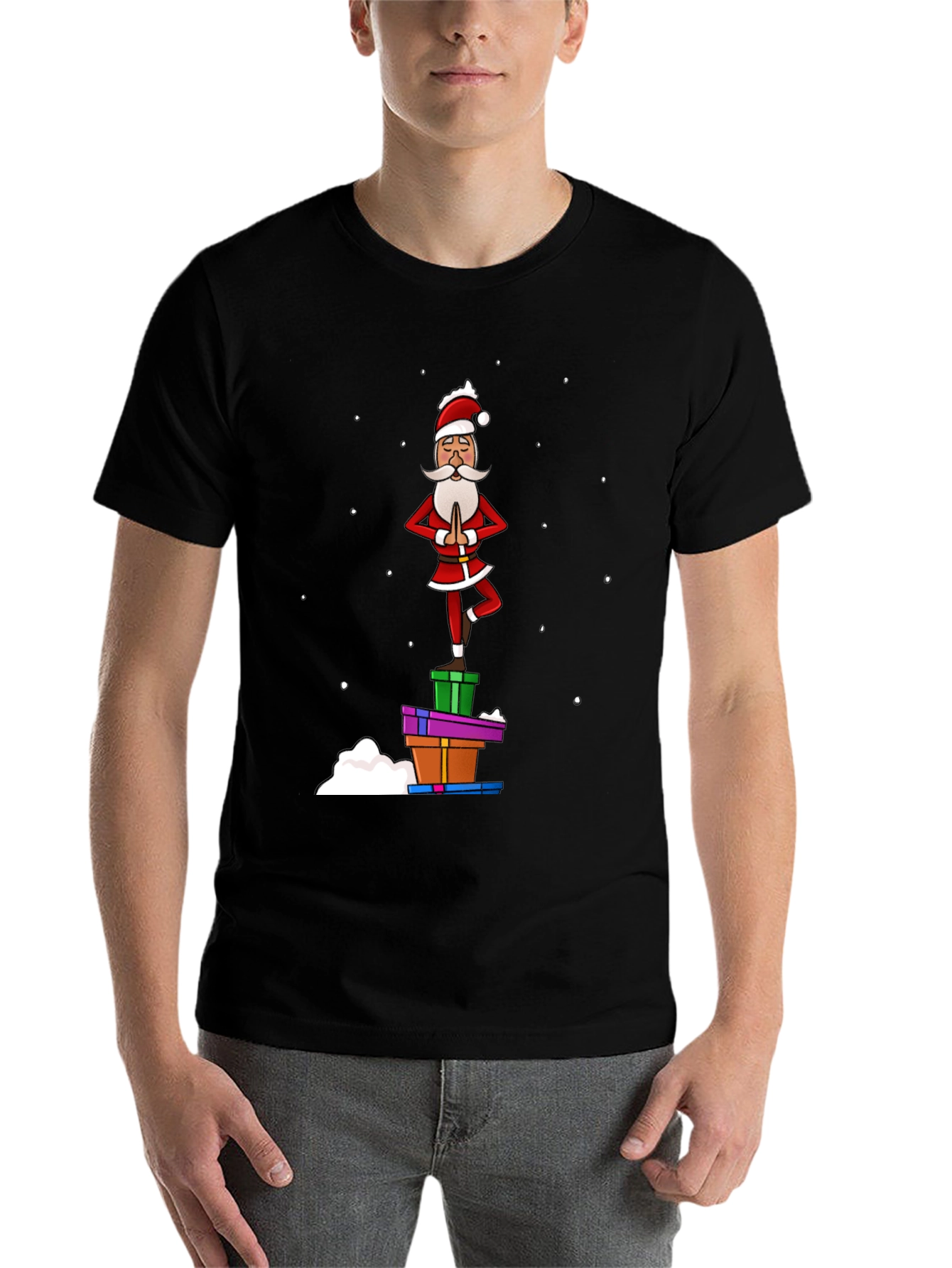 Black Yoga Santa T-Shirt - Festive Holiday Apparel view 7