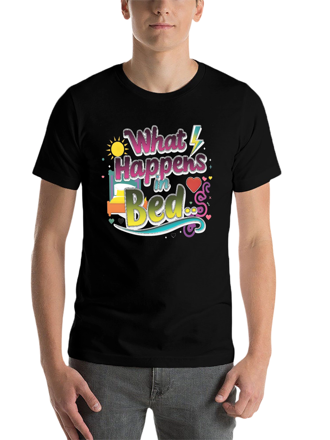 Black What Happens in Bed Graphic T-Shirt view 7