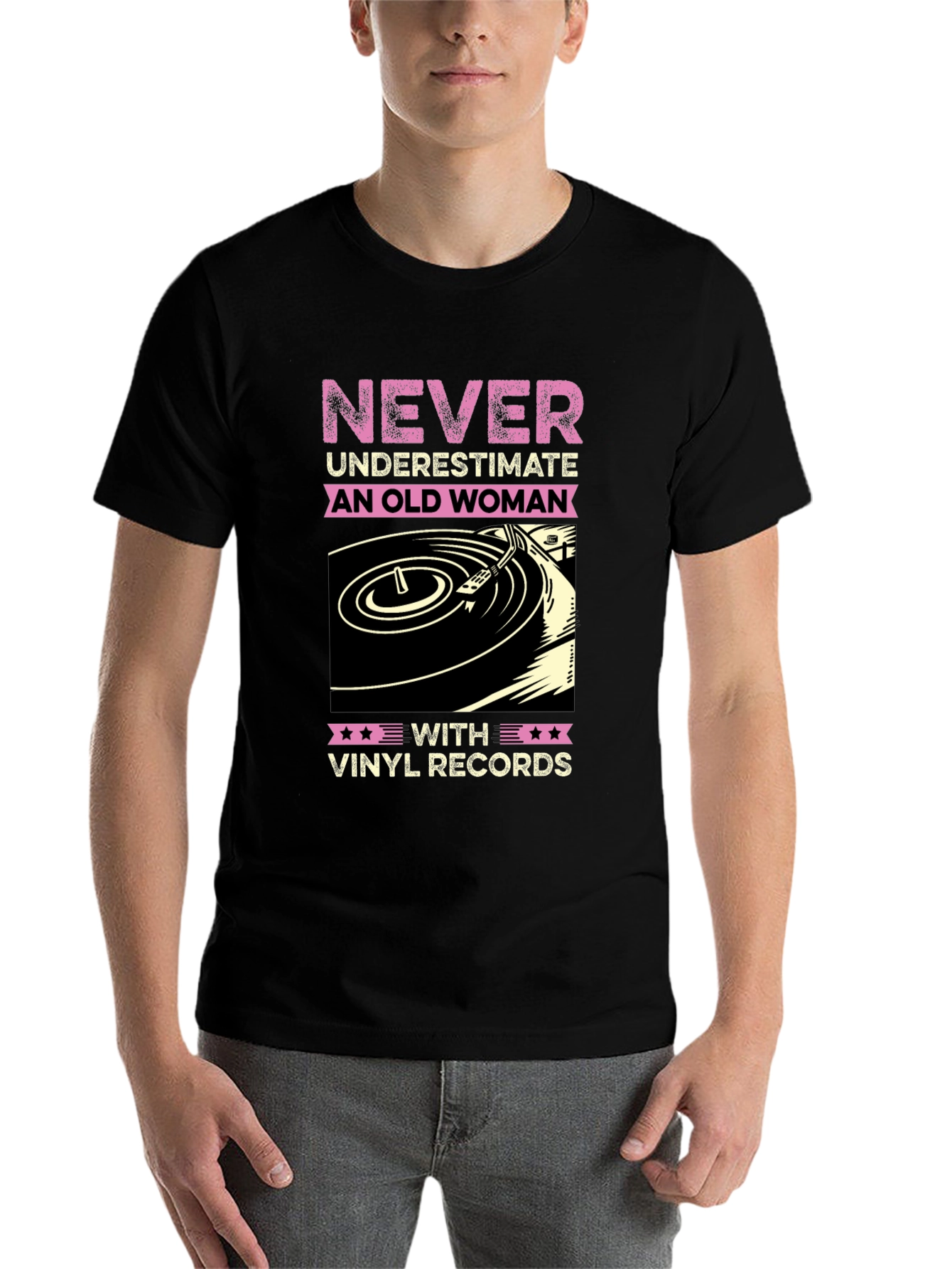 Black Never Underestimate Old Woman Vinyl Records T-Shirt view 7