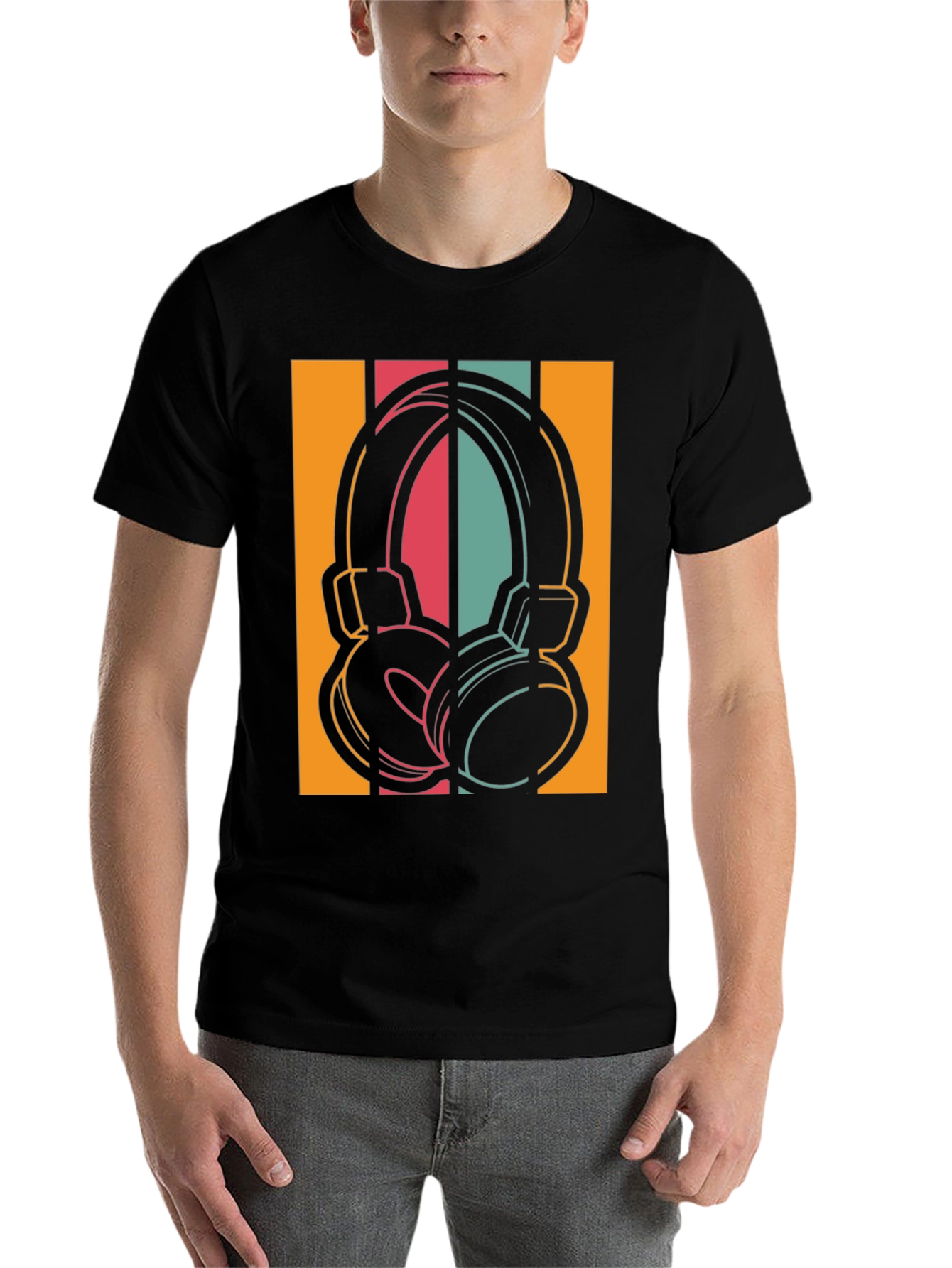 Black Retro Headphones Graphic Tee - Vintage Style Music Shirt view 7
