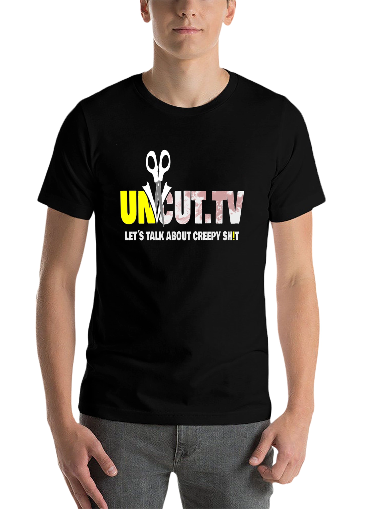 Black Uncut.TV Creepy Content Black T-Shirt view 7