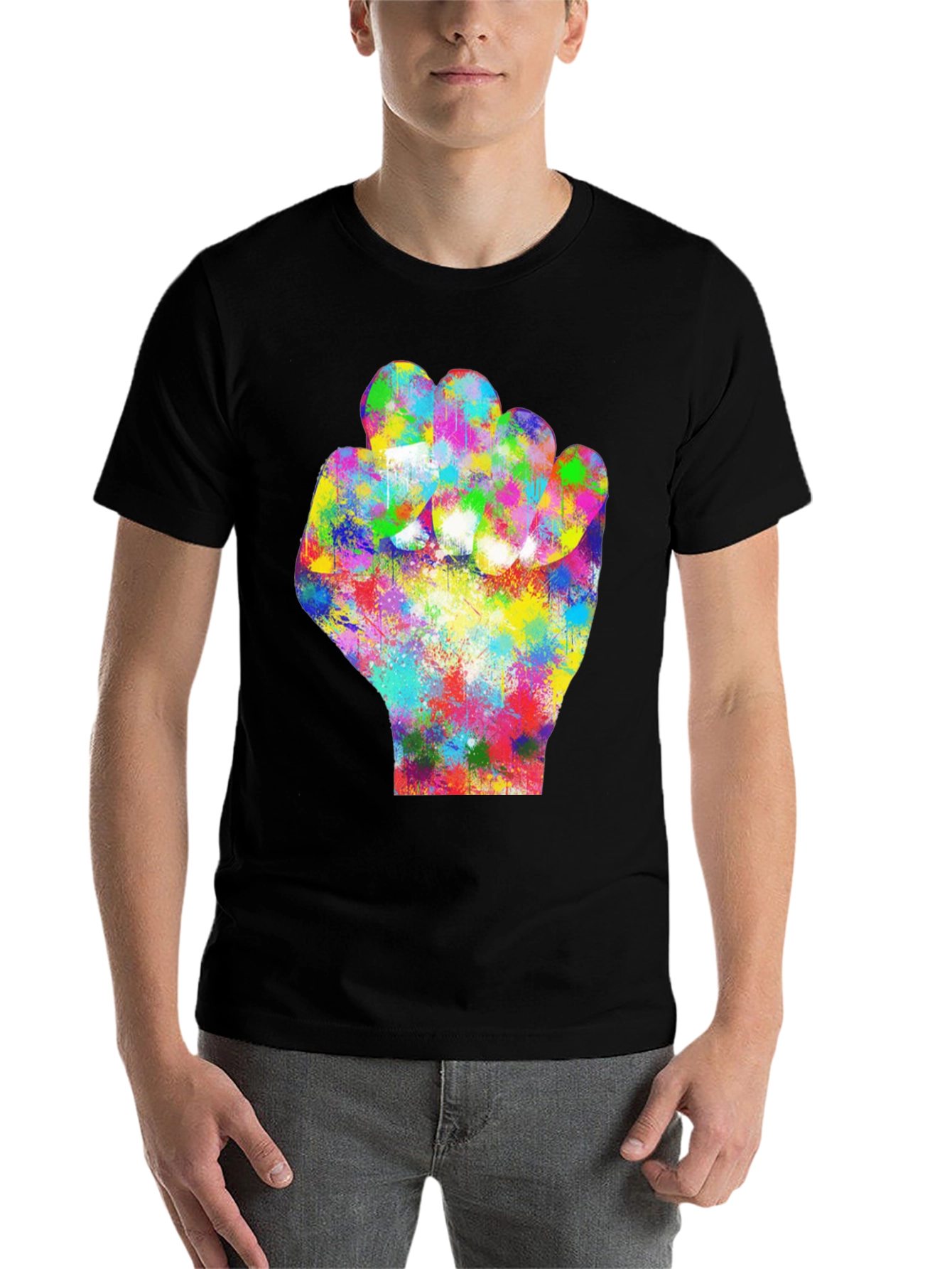 Black Colorful Fist Graphic Black T-Shirt view 7