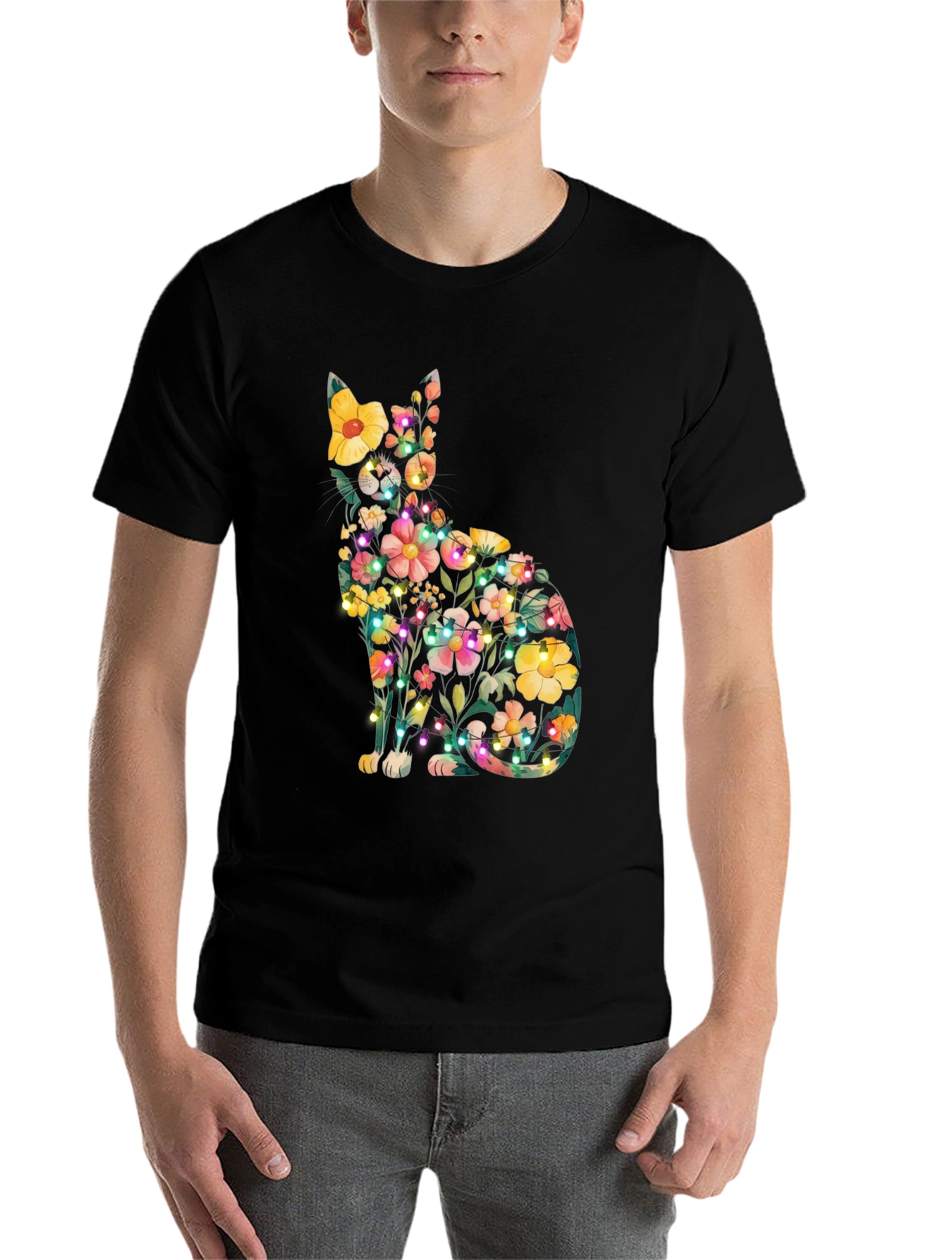 Black Floral Cat Tee - Whimsical & Unique Design view 7