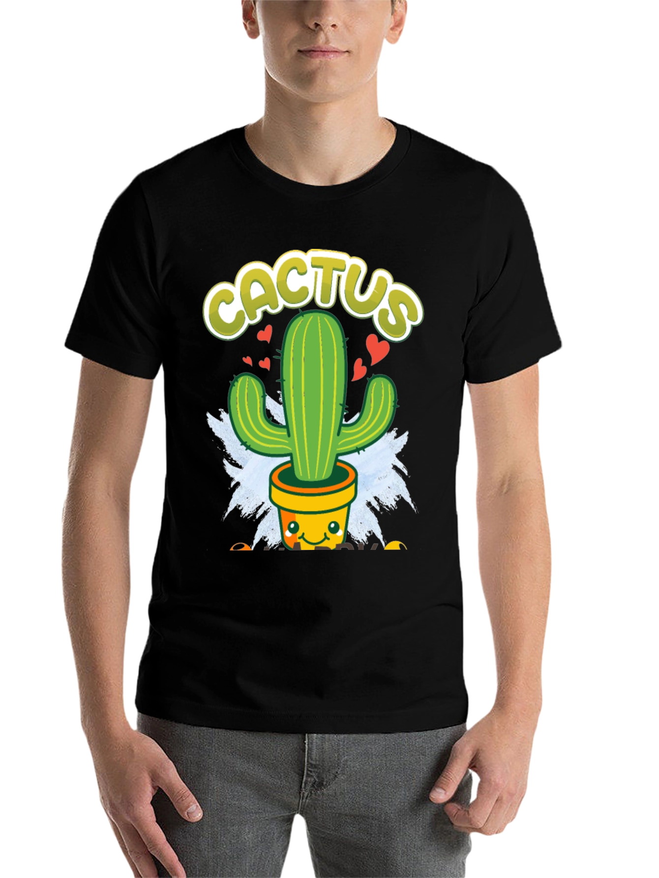 Black Cute Cactus Graphic Tee - Black Cotton T-Shirt view 7