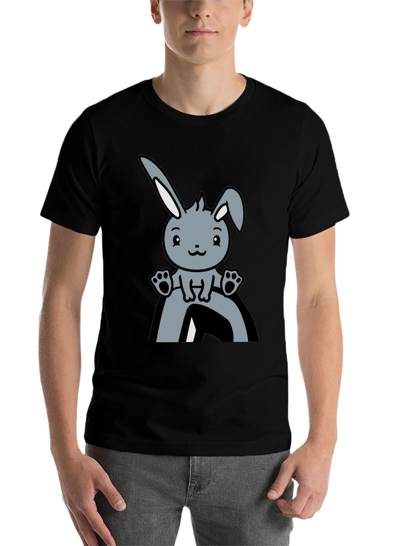 Black Cute Bunny Graphic Tee - Black Cotton Comfort view 7