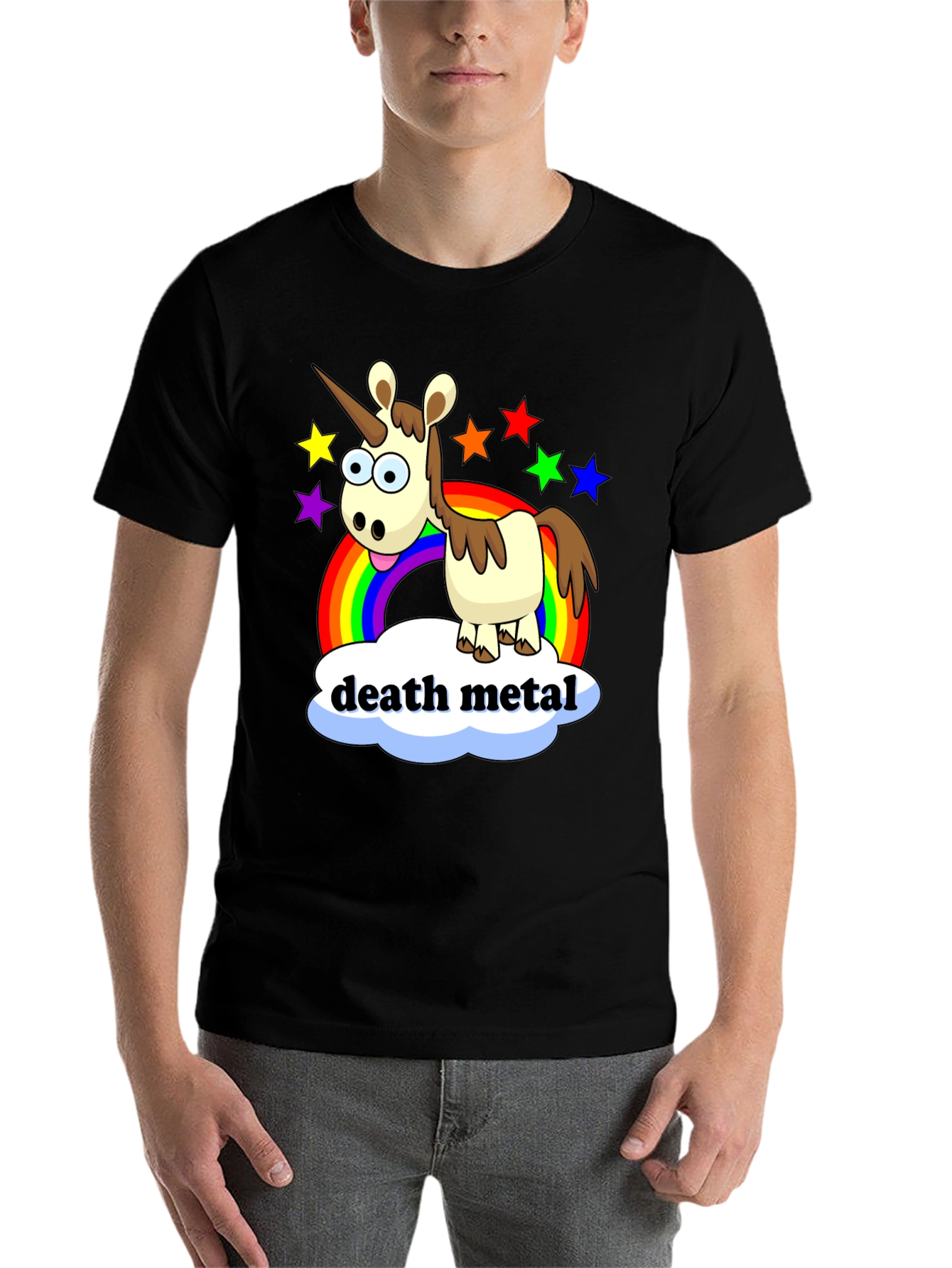 Black Death Metal Unicorn T-Shirt - Rainbow Star Design view 7