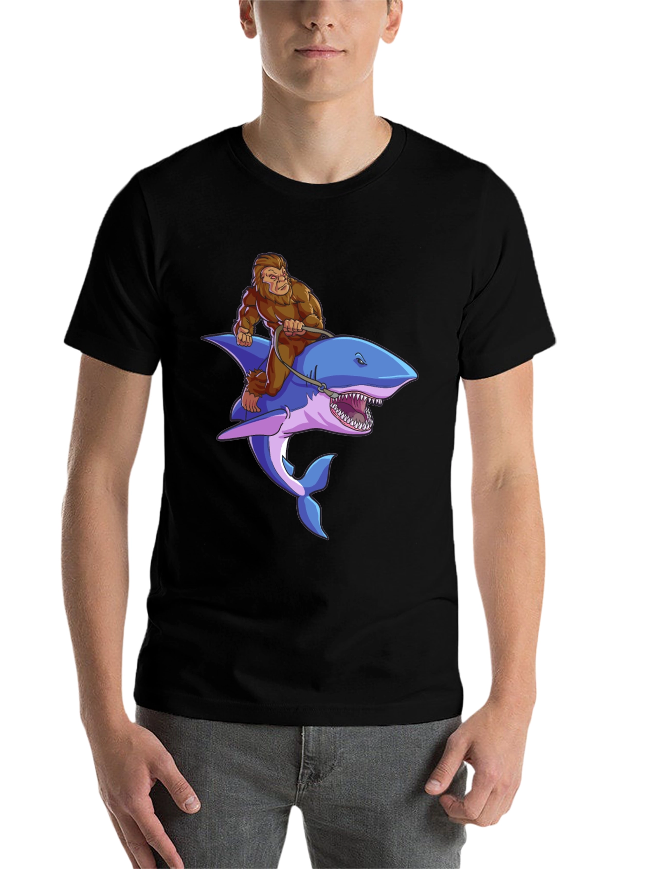 Black Bigfoot Riding Shark Graphic Tee - Black view 7