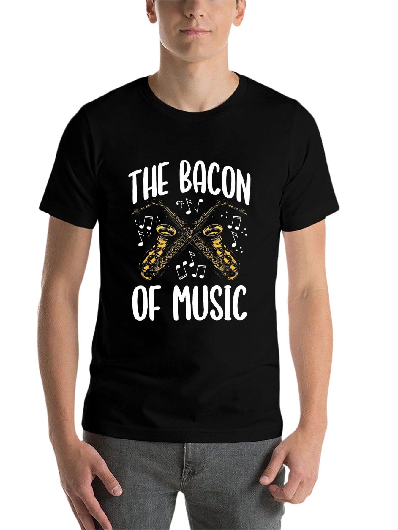 Black Bacon of Music Saxophone T-Shirt - Black Cotton Tee view 7