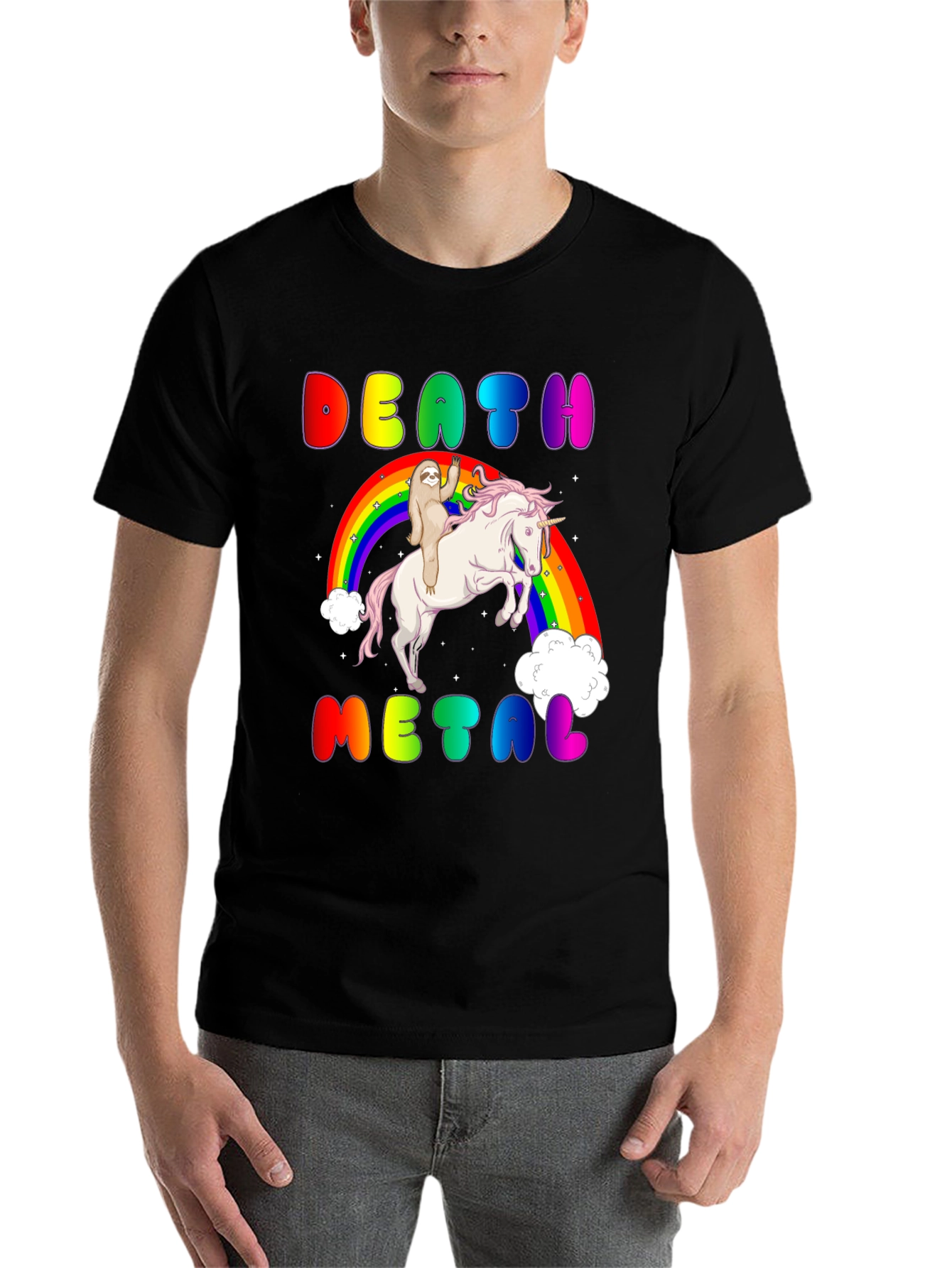 Black Death Metal Sloth Riding Unicorn T-Shirt view 7