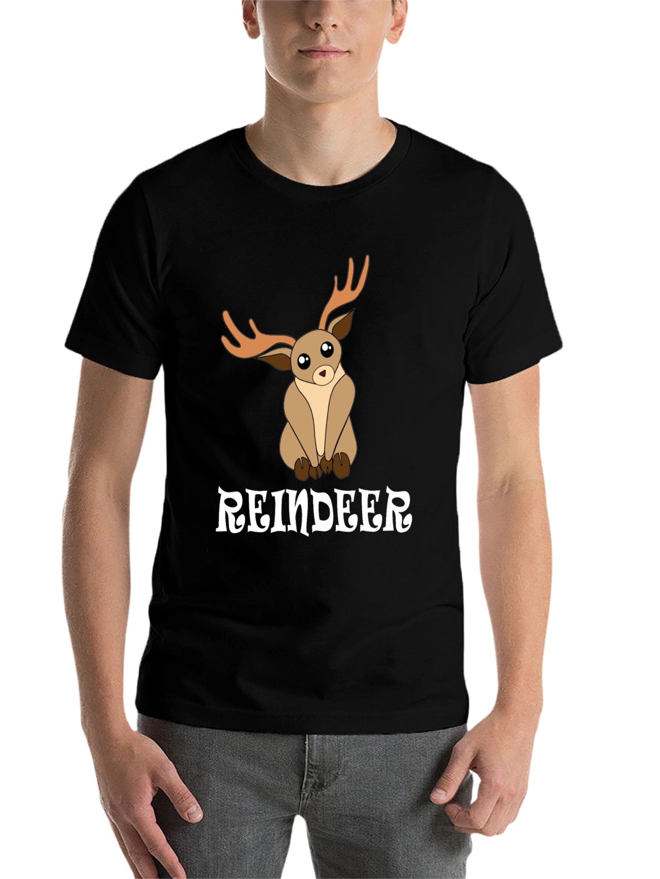 Black Cute Reindeer Graphic Tee - Black Cotton T-Shirt view 7