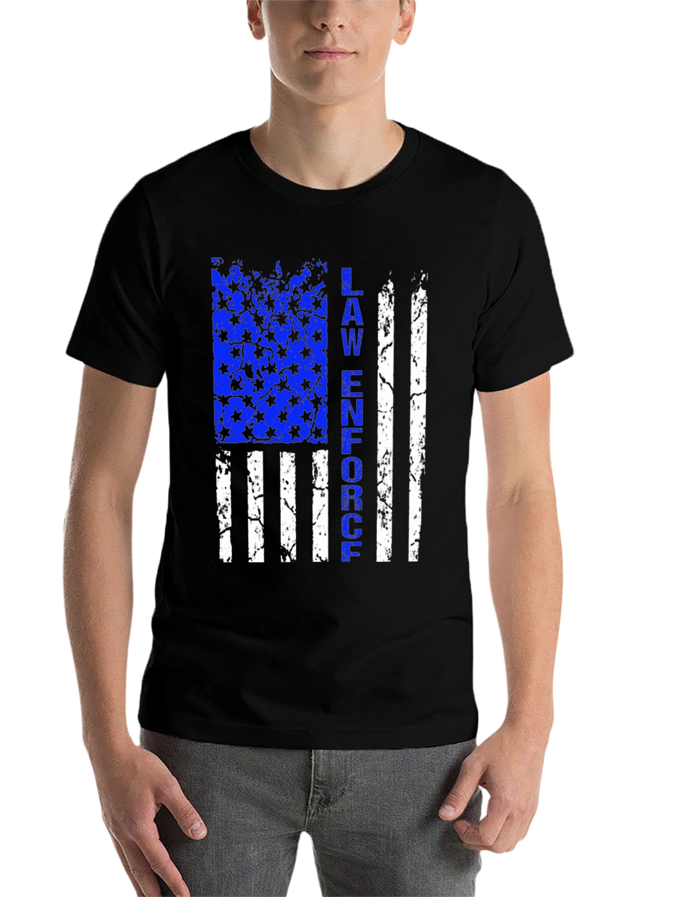 Black Law Enforcement Flag Graphic T-Shirt - Thin Blue Line Support view 7
