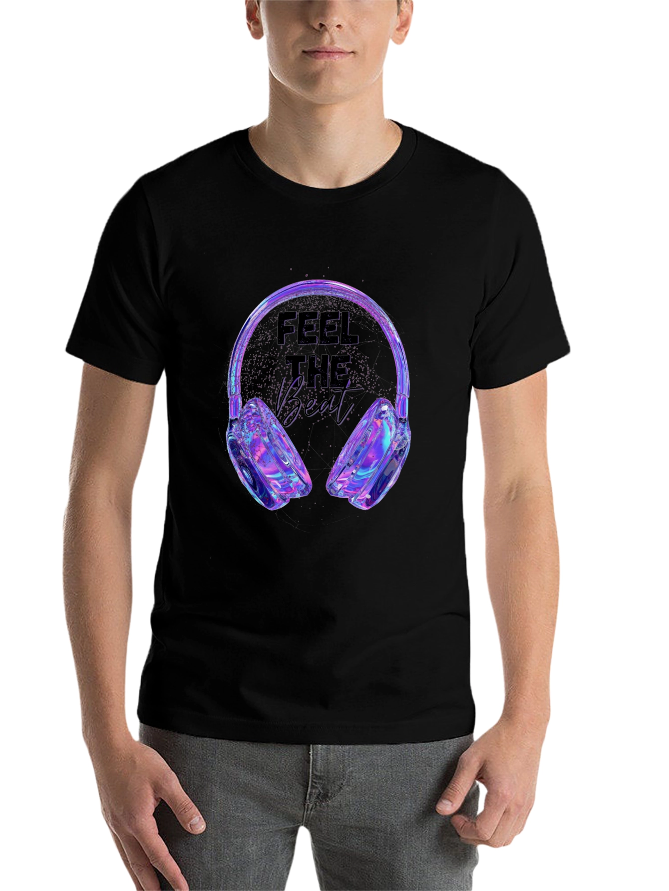 Black Feel the Beat T-Shirt - Holographic Headphones Design view 7