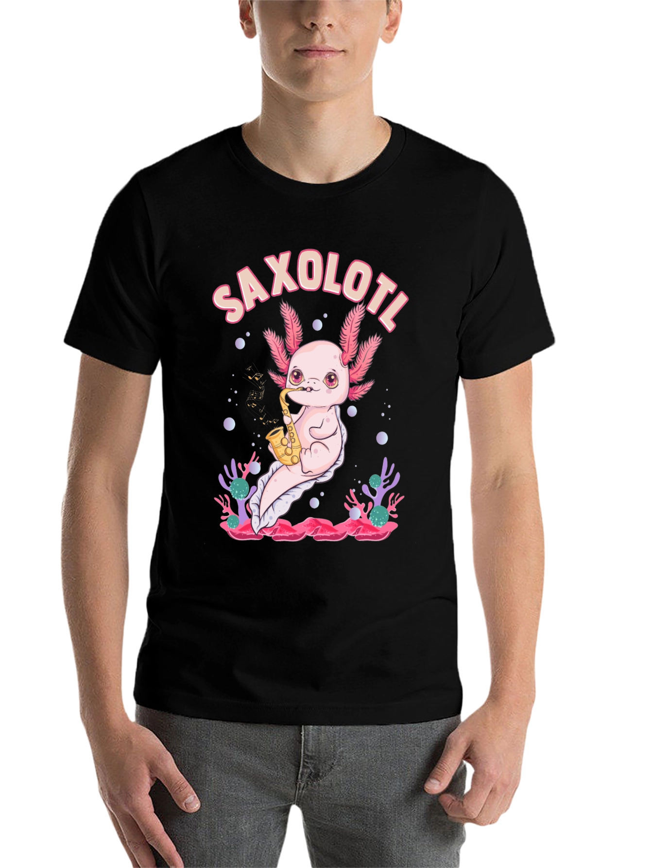 Black Saxolotl T-Shirt - Axolotl Saxophone Musician Tee view 7