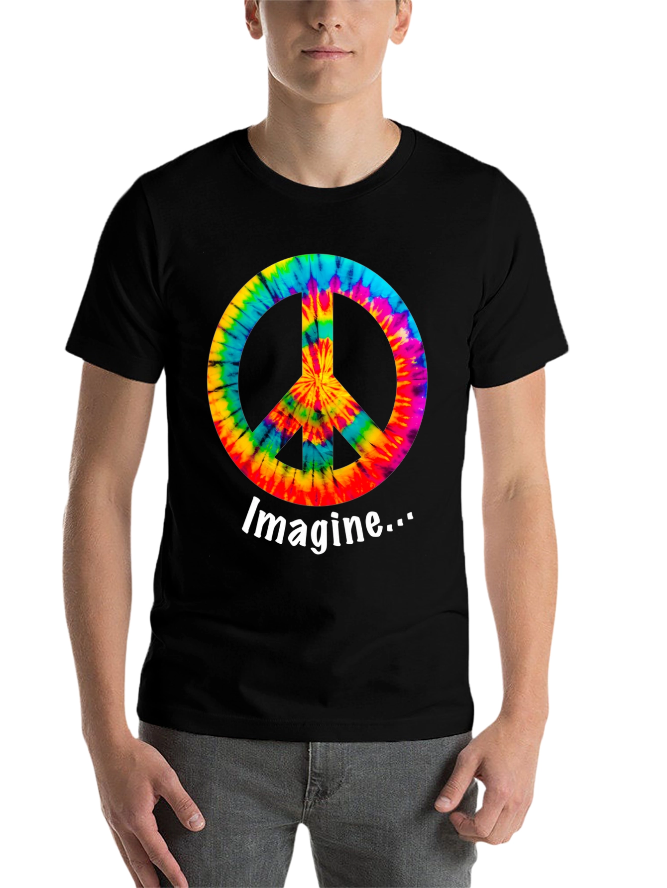 Black Imagine Peace Sign Tie-Dye Graphic T-Shirt view 7