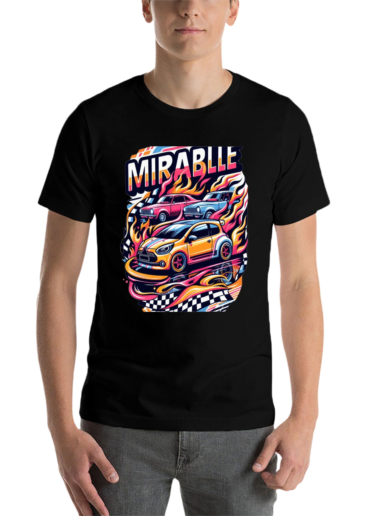 Black Mirablle Cars Graphic T-Shirt - Retro Racing Style view 7