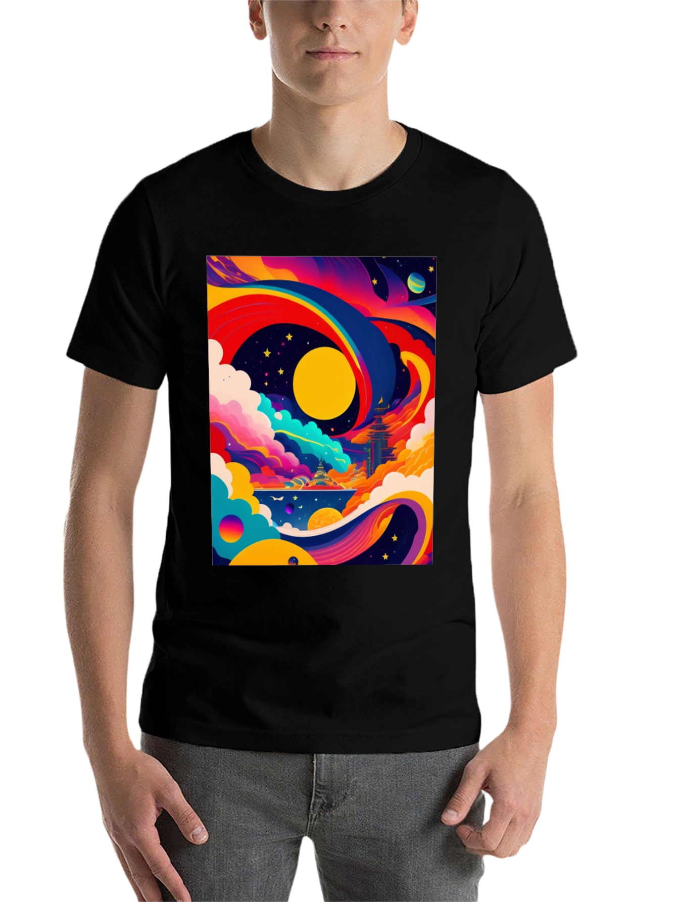 Black Vibrant Celestial Graphic Tee - Artistic Dreamscape view 7