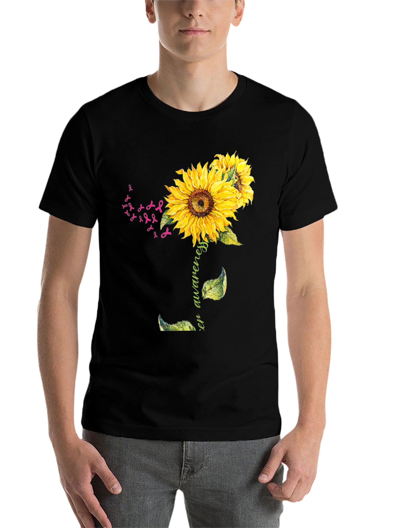 Black Sunflower Breast Cancer Awareness T-Shirt view 7