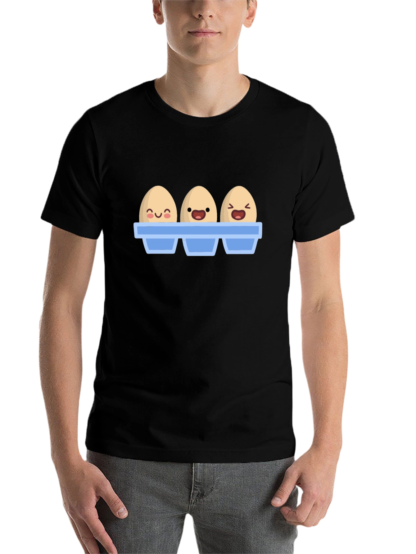 Black Funny Cartoon Eggs T-Shirt, Novelty Graphic Tee view 7