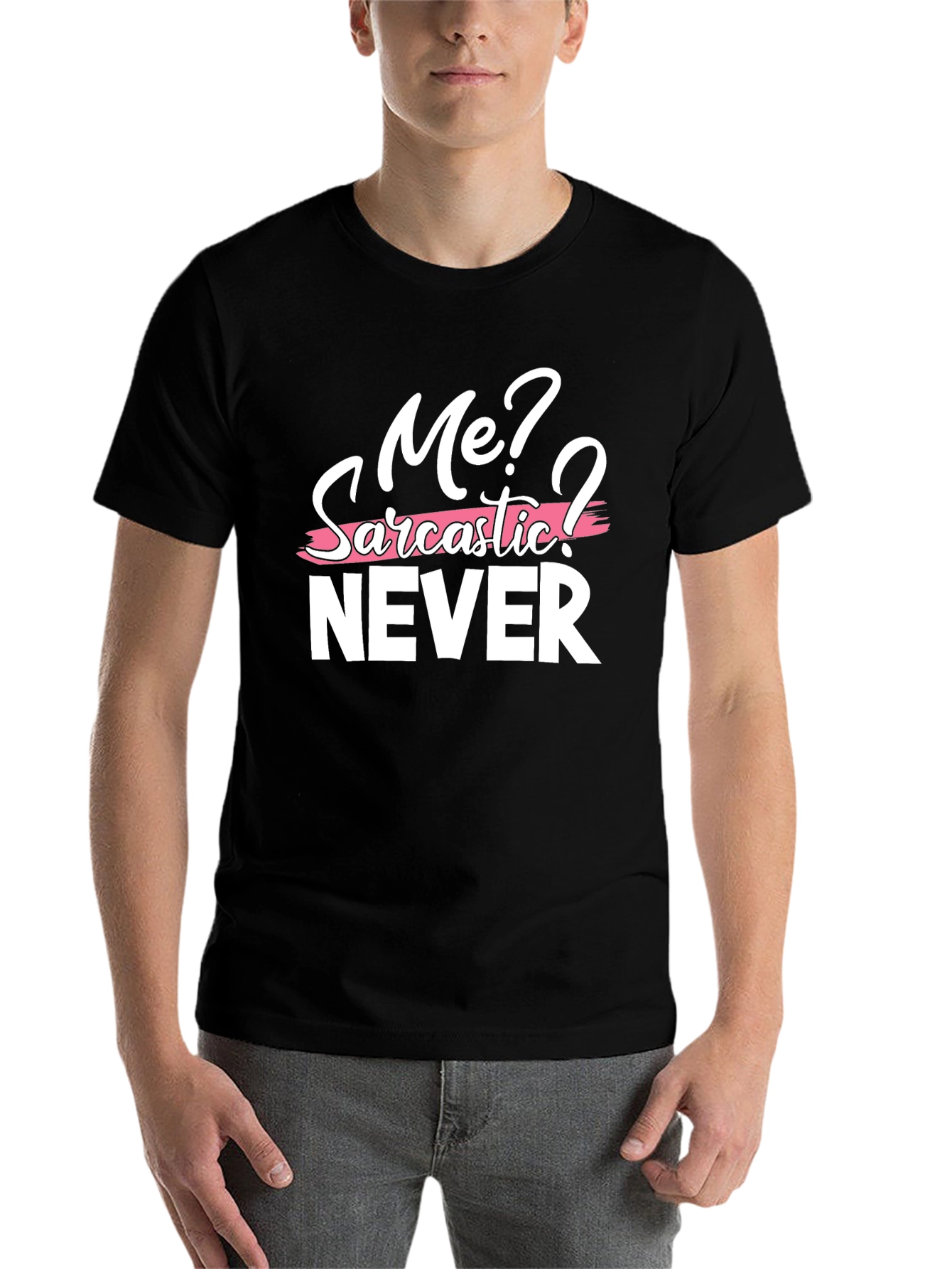 Black Sarcastic Humor Graphic Tee - Me? Never! T-Shirt view 7