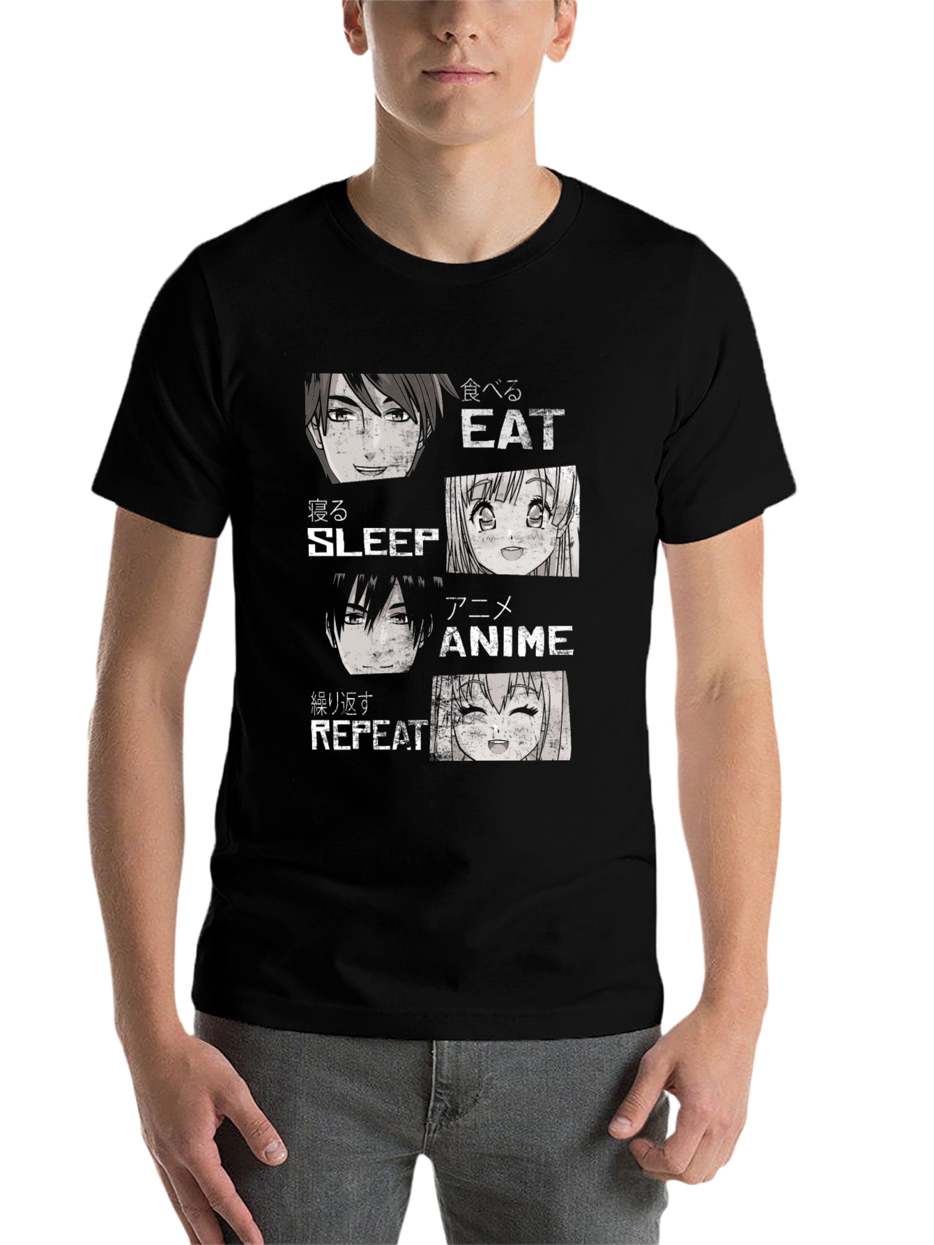 Black Anime Eat Sleep Repeat Black T-Shirt view 7