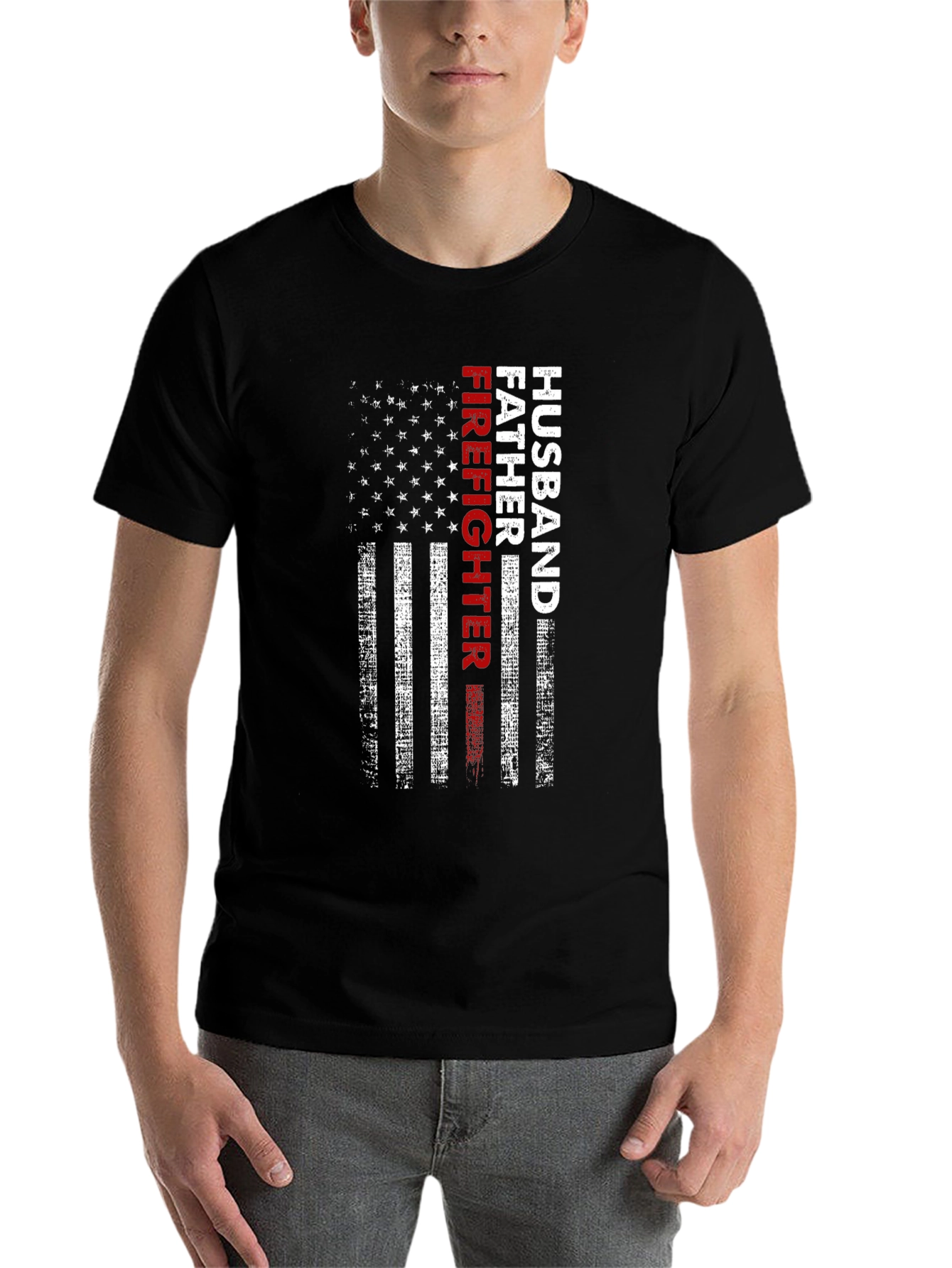 Black Husband Father Firefighter American Flag T-Shirt view 7