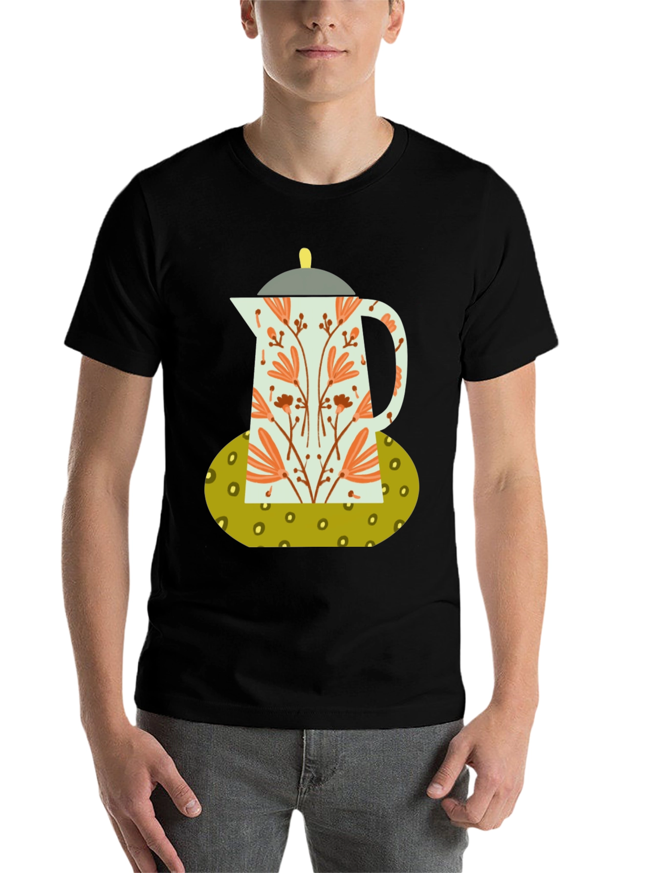 Black Floral Coffee Pot Graphic Tee - Black Cotton Blend view 7