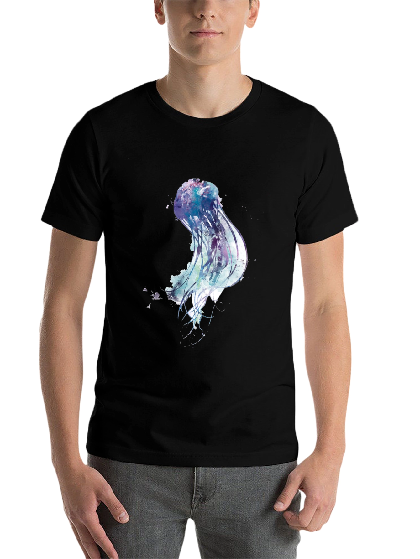 Black Jellyfish Watercolor Graphic Print Black T-Shirt view 7