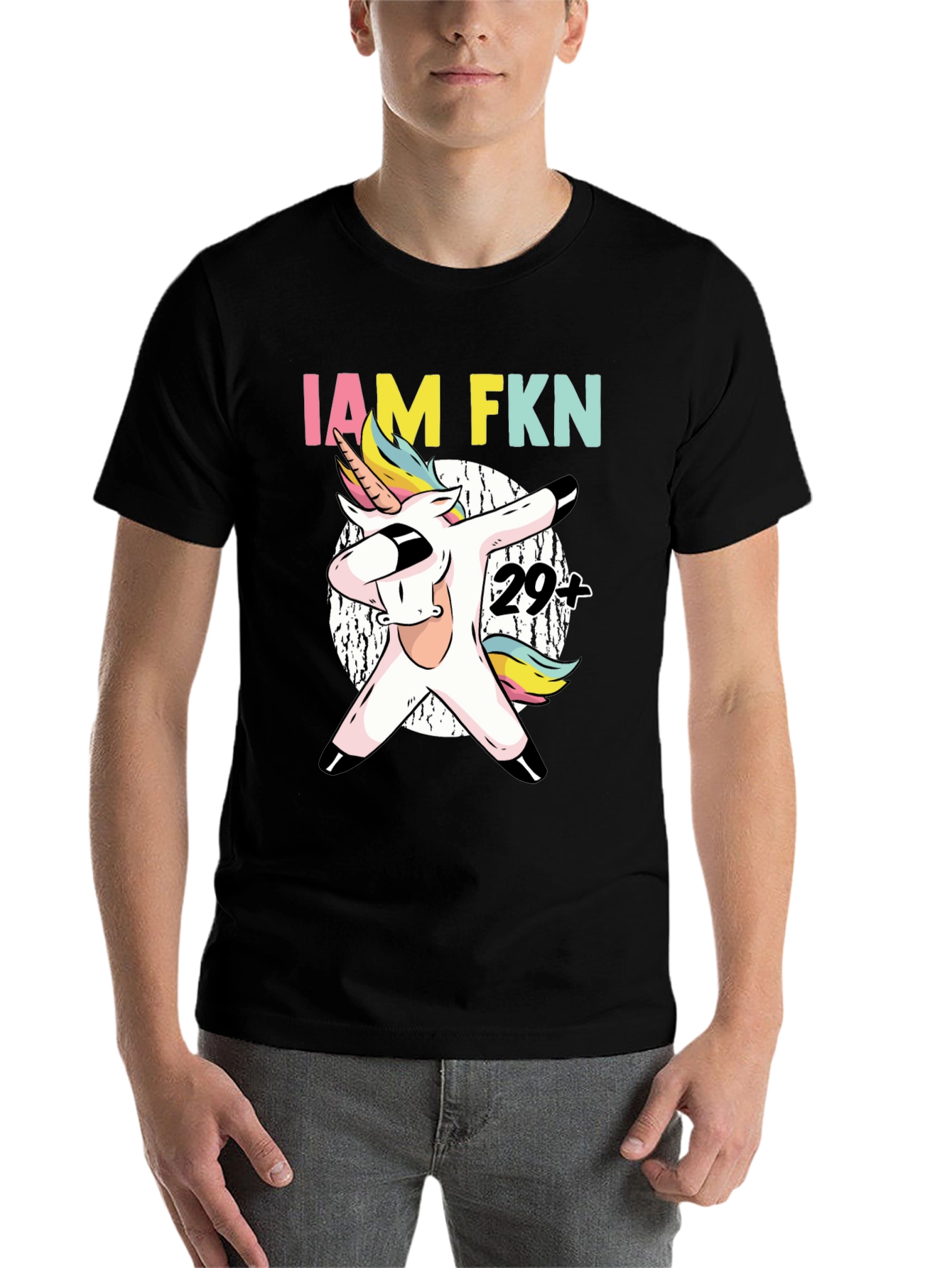 Black IAM FKN 29+ Unicorn Dabbing T-Shirt view 7