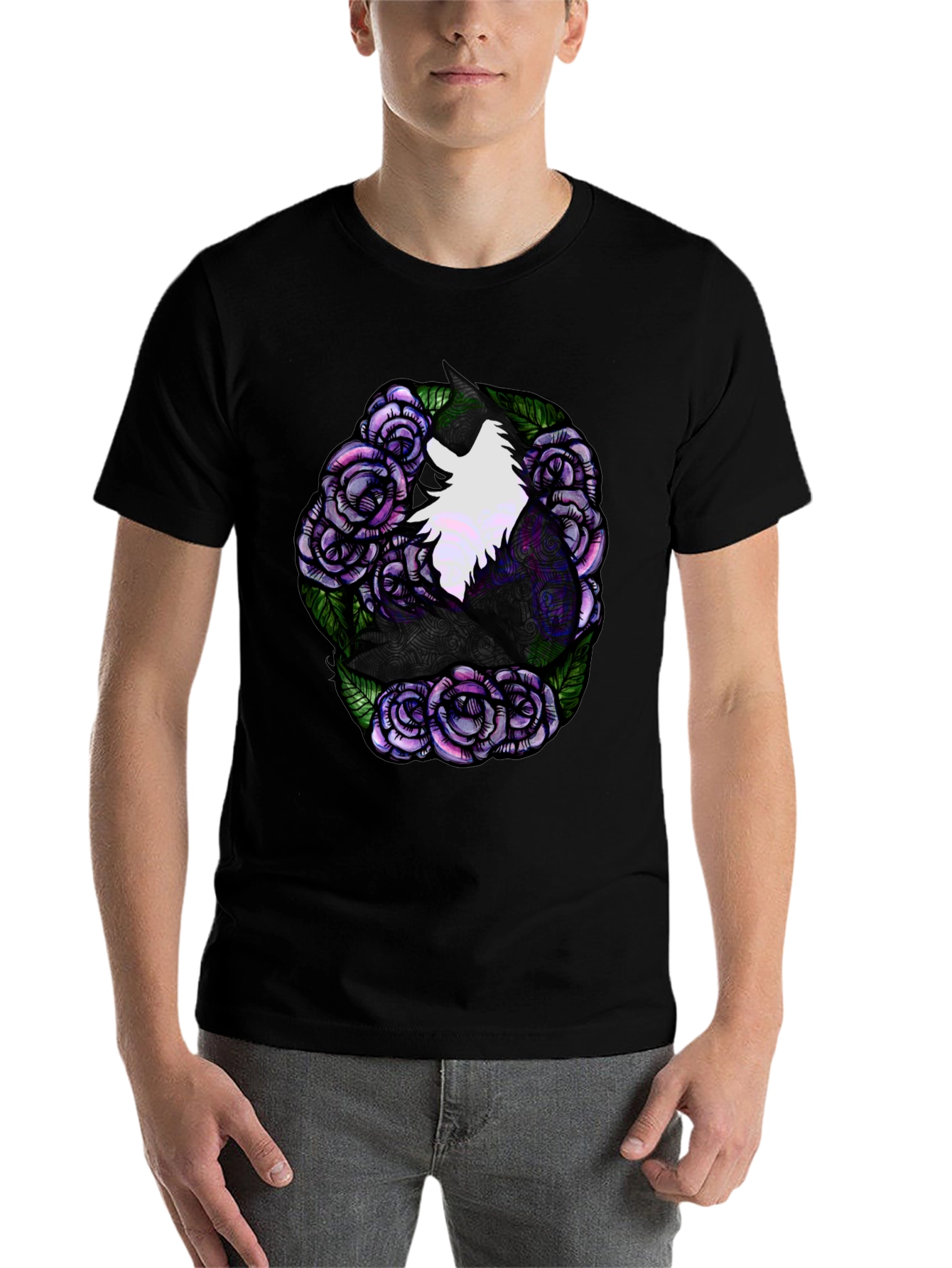 Black Floral Unicorn Graphic Tee - Black Cotton T-Shirt view 7
