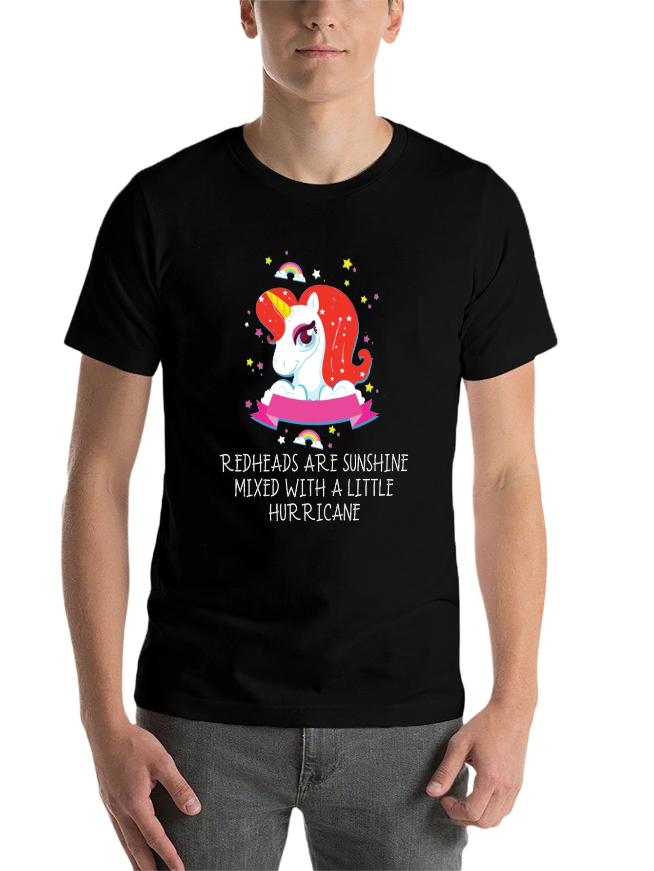 Black Redhead Sunshine Hurricane Unicorn Black T-Shirt view 7