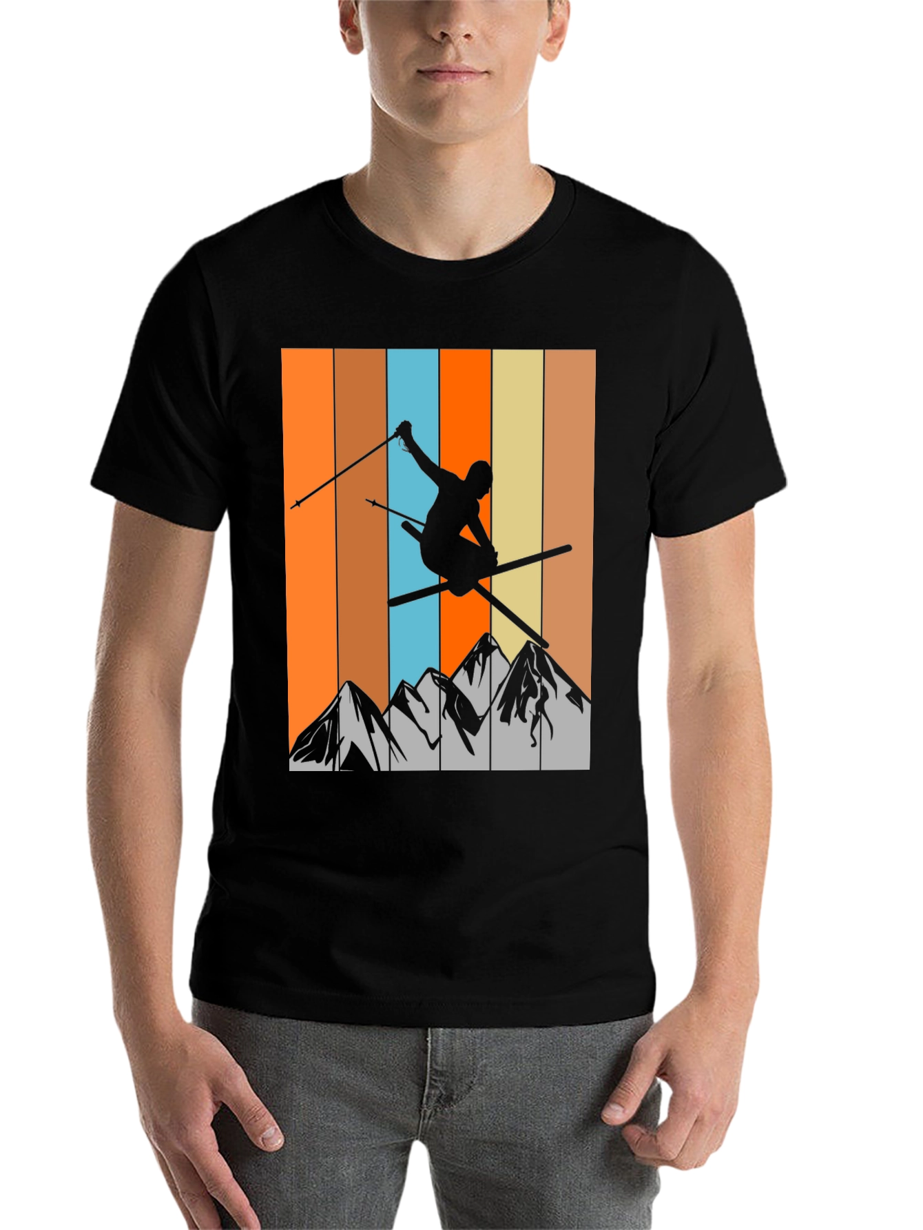 Black Retro Skiing T-Shirt - Mountain Silhouette Tee view 7