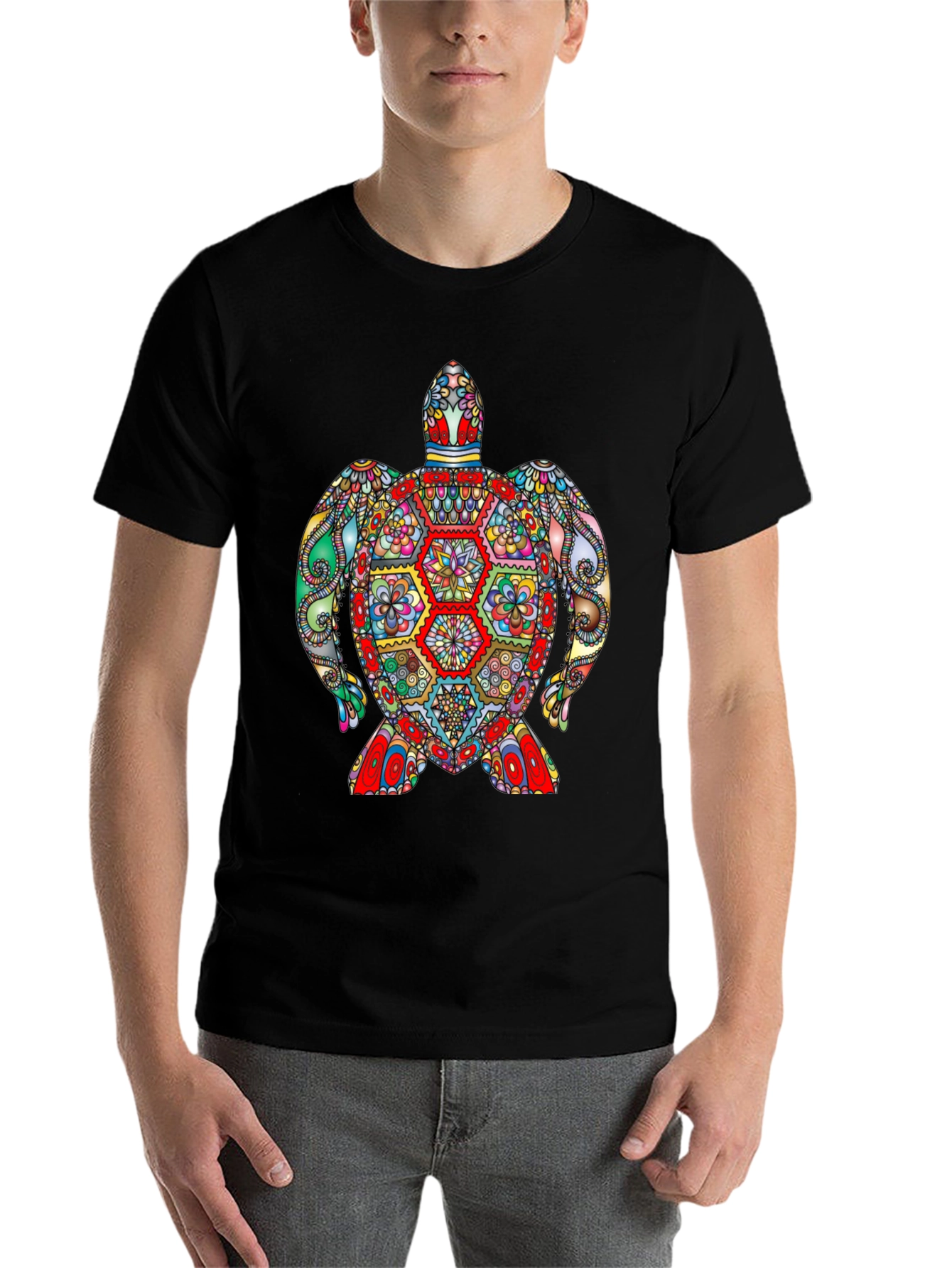 Black Vibrant Turtle Graphic Tee - Black Cotton T-Shirt view 7