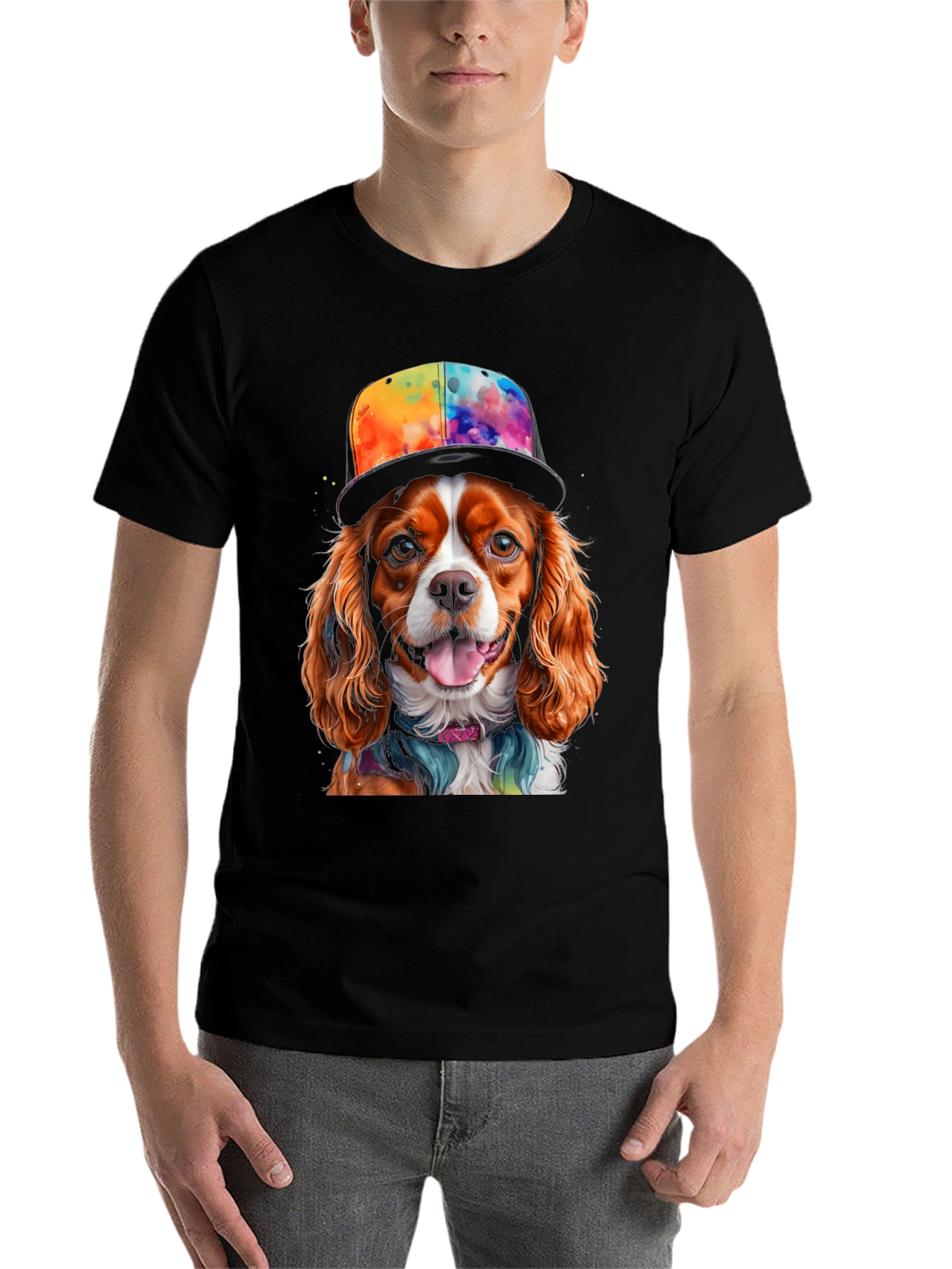 Black Cool Dog T-Shirt: Cavalier in Colorful Hat view 7
