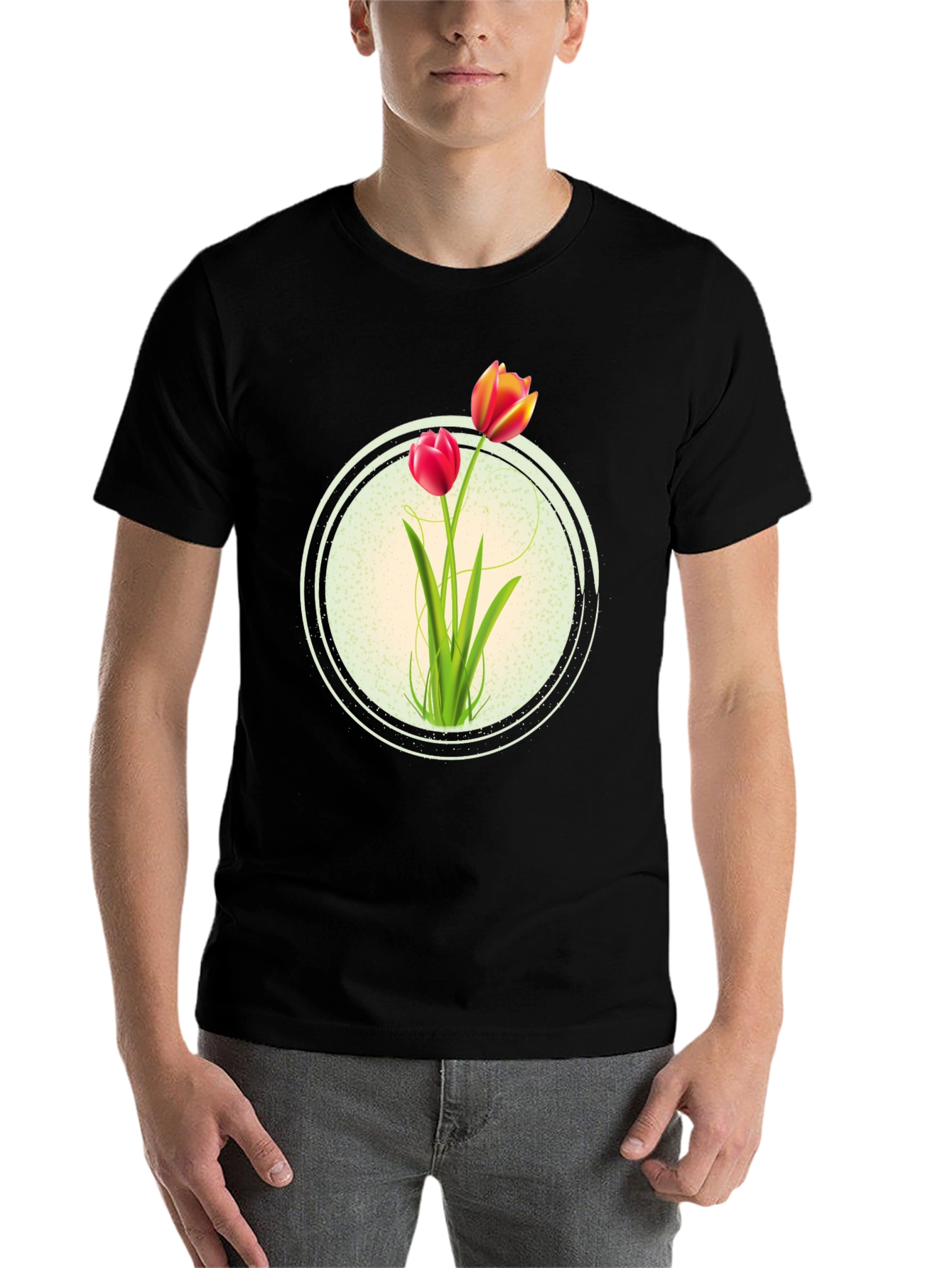 Black Floral Tulip Graphic Print Crew Neck T-Shirt view 7