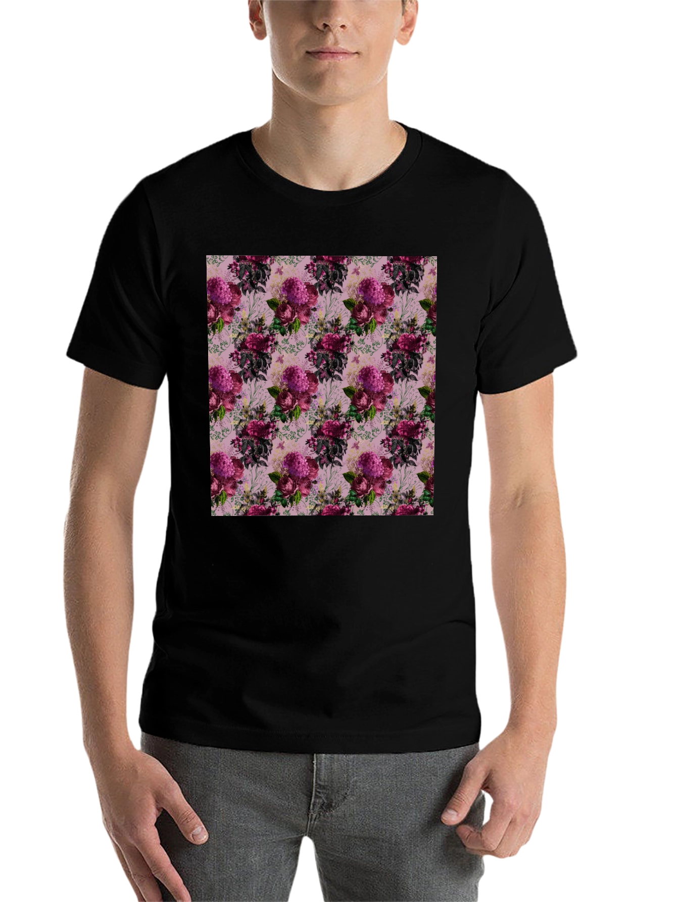 Black Floral Pattern Black T-Shirt view 7