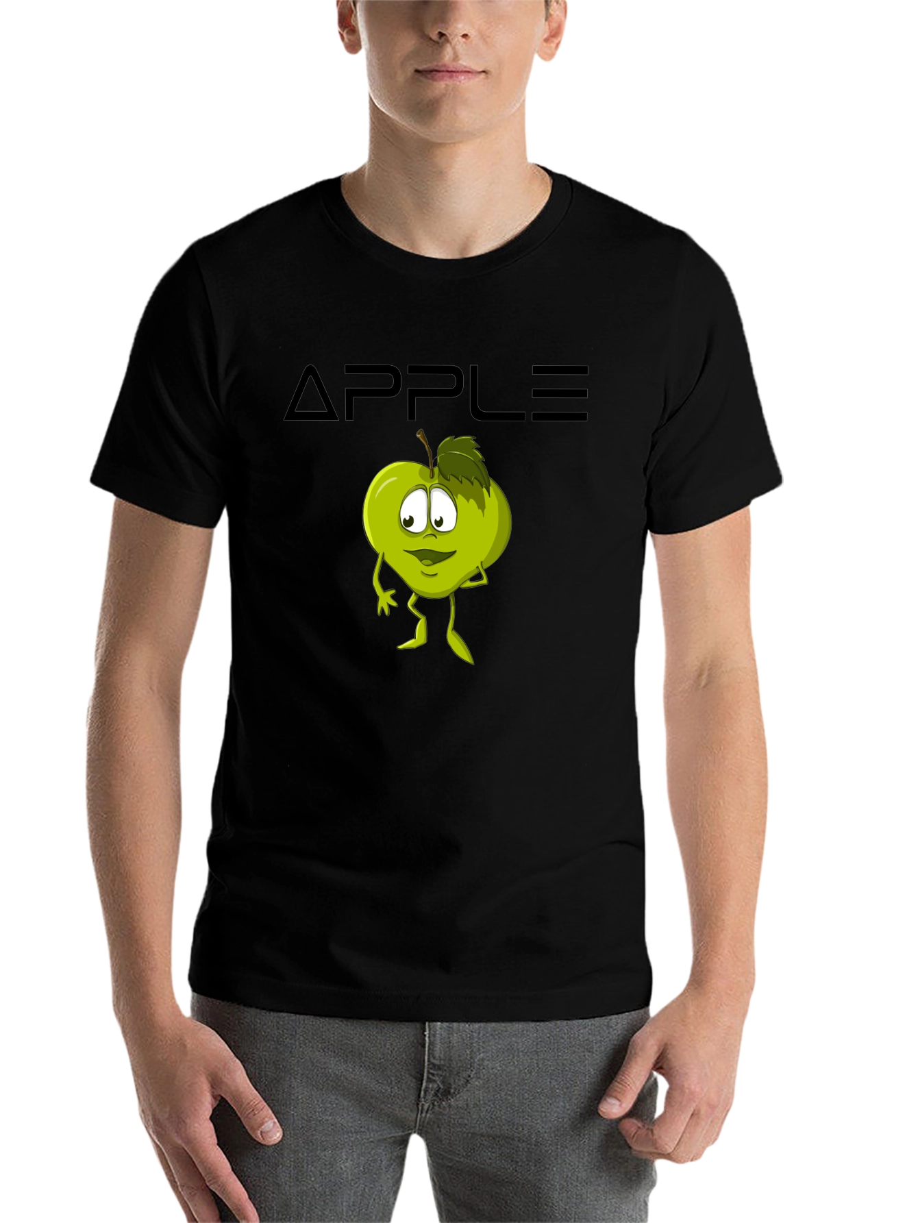 Black Funny Apple Cartoon Graphic Black T-Shirt view 7