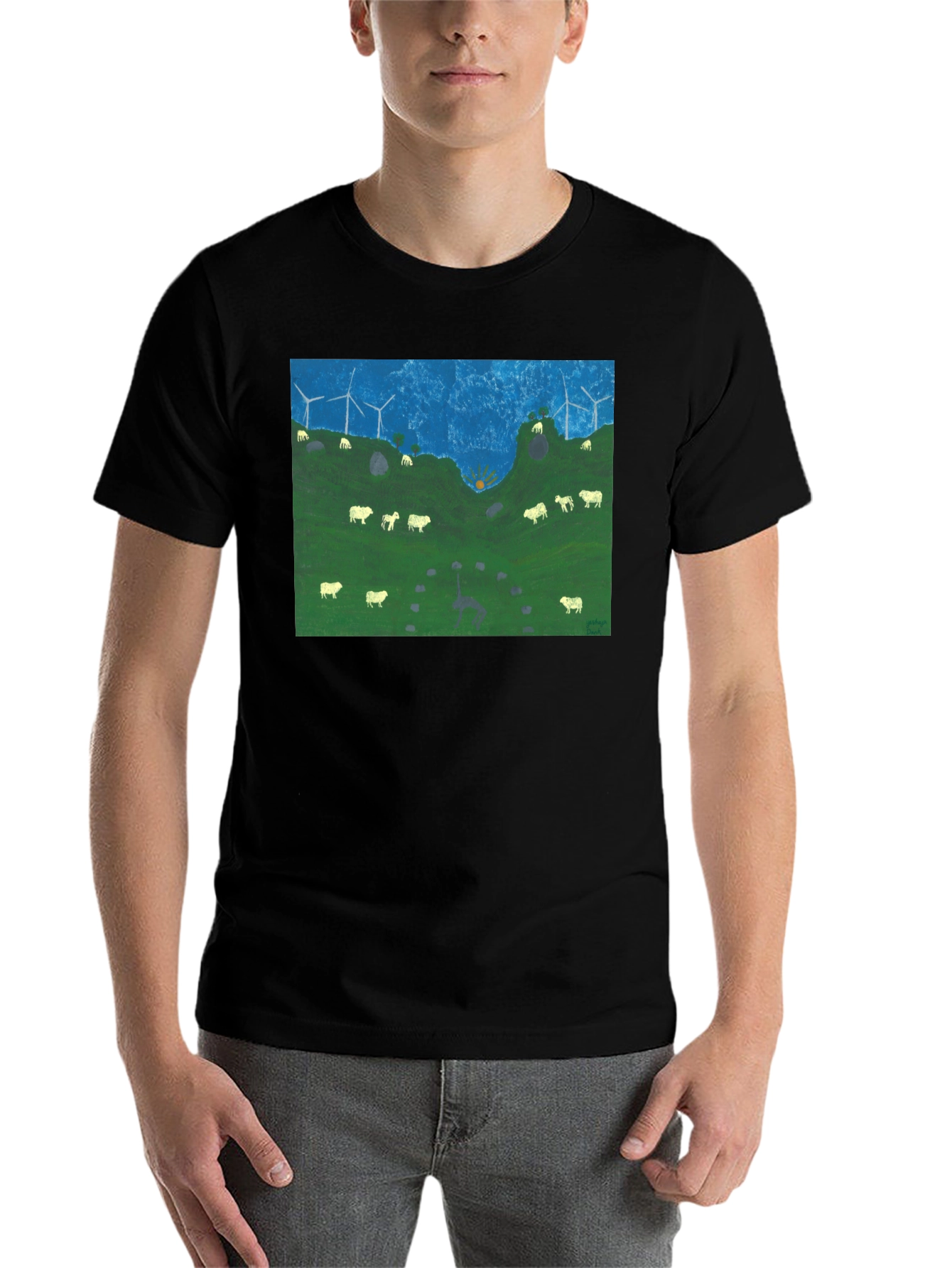 Black Wind Turbines & Sheep Graphic Tee view 7