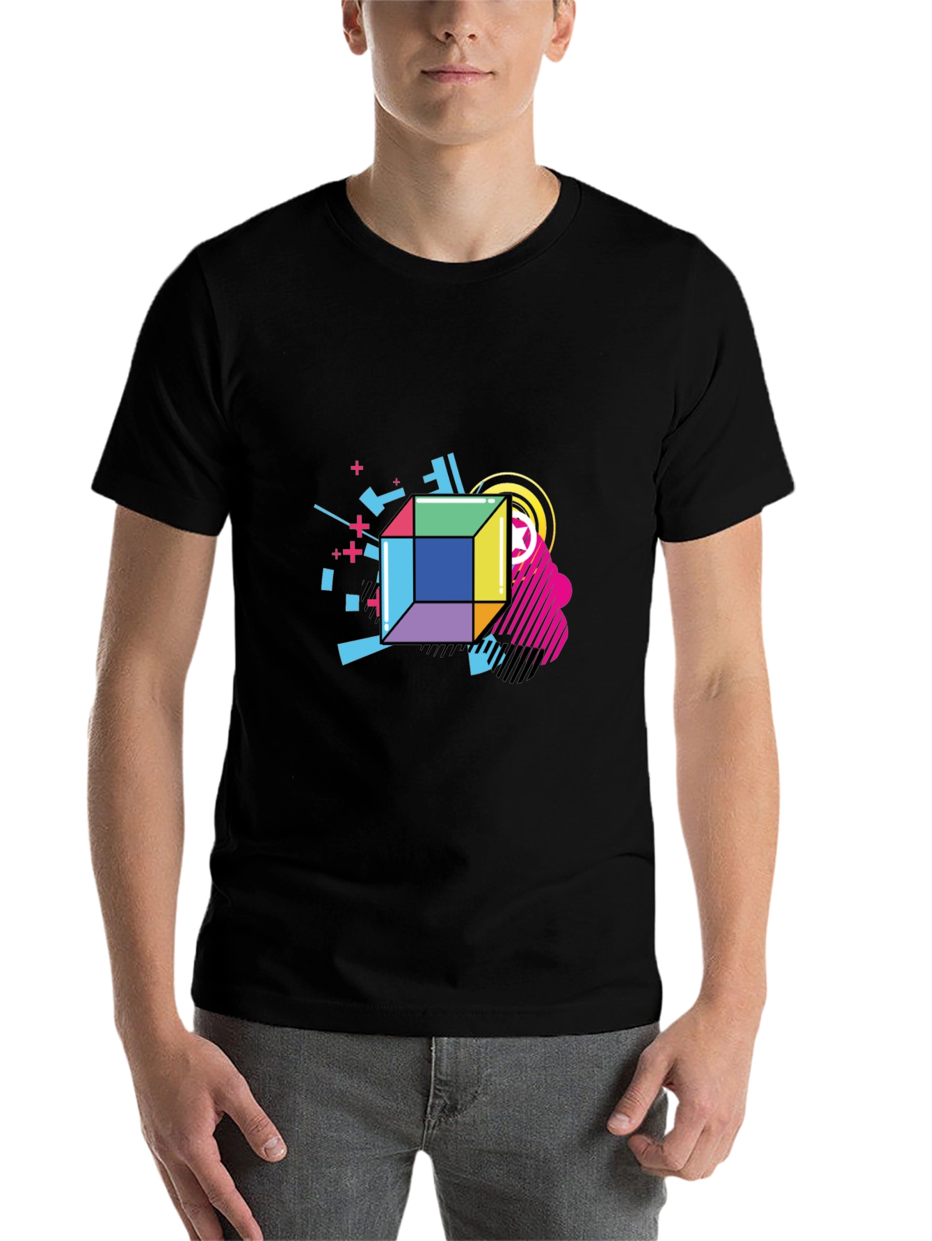 Black Geometric Cube Graphic Black Tee view 7